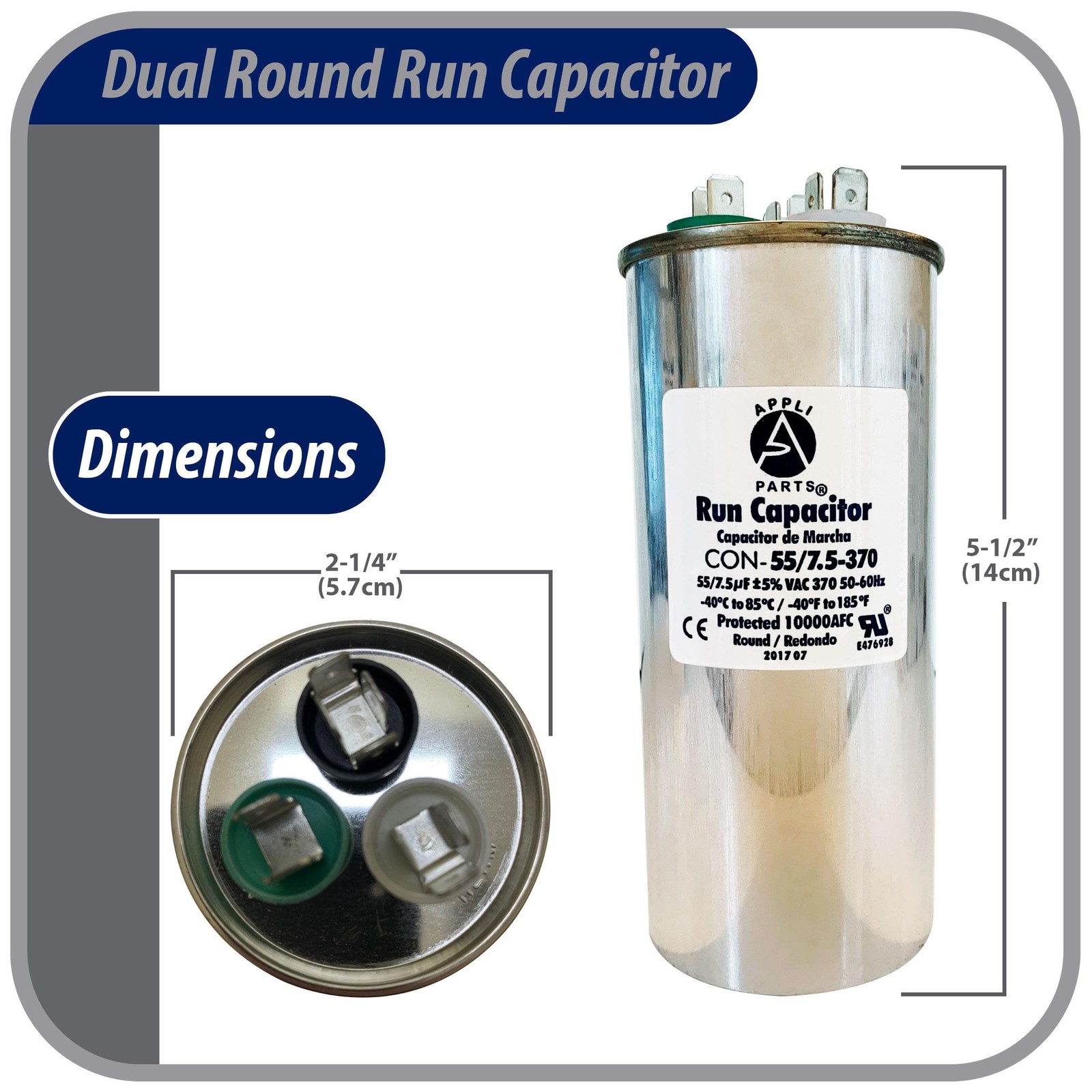 Appli Parts Dual Run Capacitor for ac 60+10 Mfd uF (microfarads) 370VAC CBB65 Ro