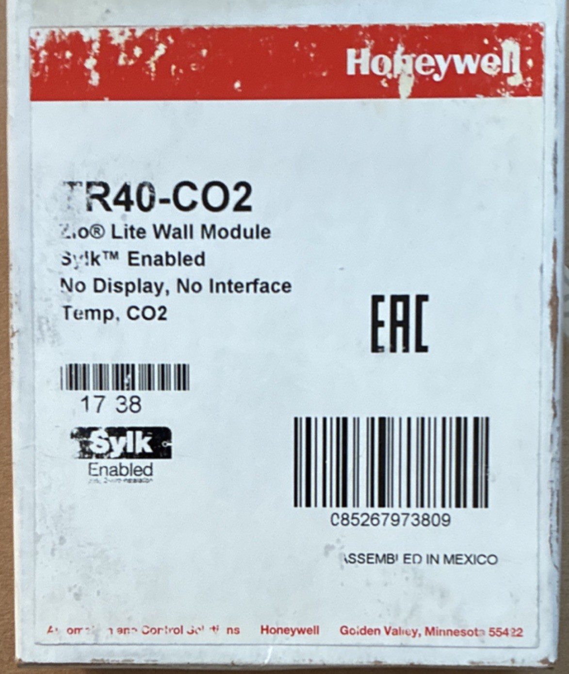 Honeywell TR40-CO2 White CO2 Sensor Wall Module, No Display, Non-Programmable