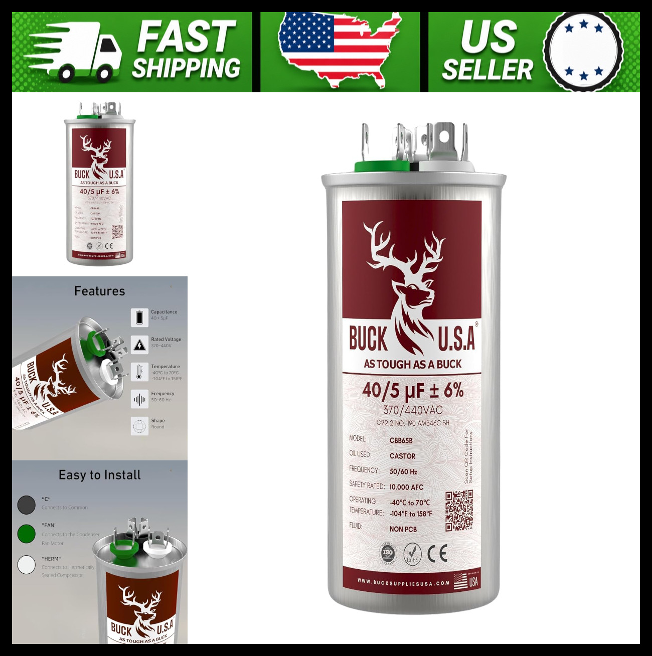 Buck Dual Run Capacitor 40/5 uF 370/440V for HVAC Air Conditioner Fan Motor