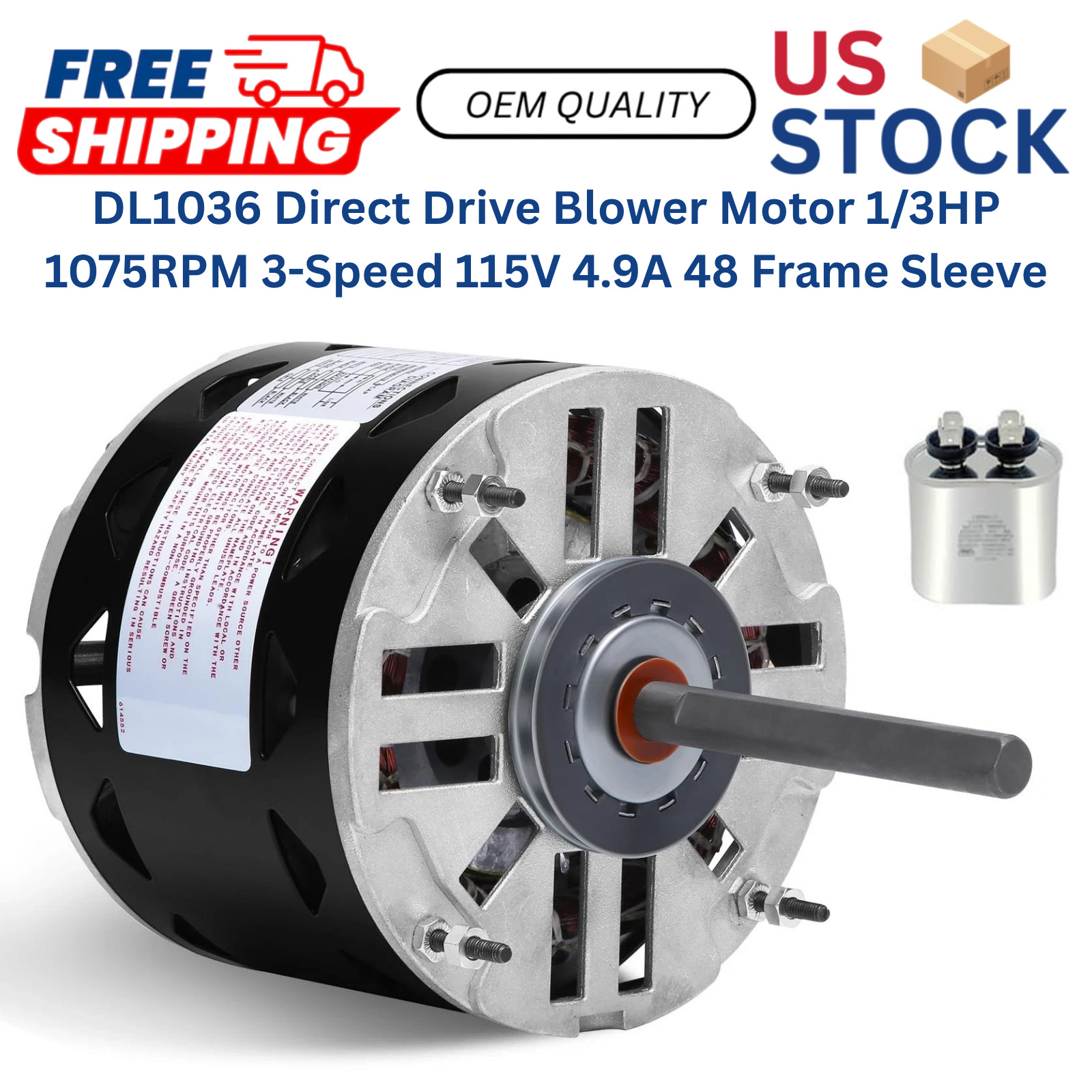 DL1036 Direct Drive Blower Motor 1/3HP 1075RPM 3-Speed 115V 4.9A 48 Frame Sleeve
