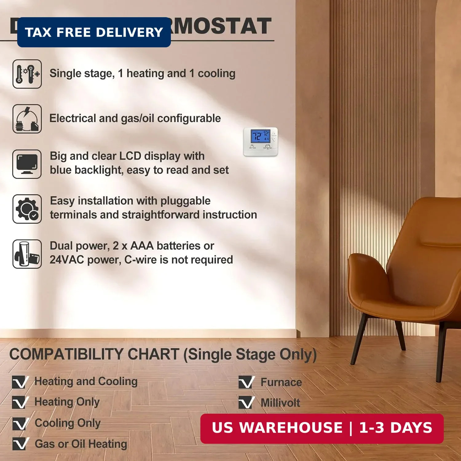 Non-Programmable Digital Thermostat for Home, up to 1 Heat/1 Cool with Large LCD