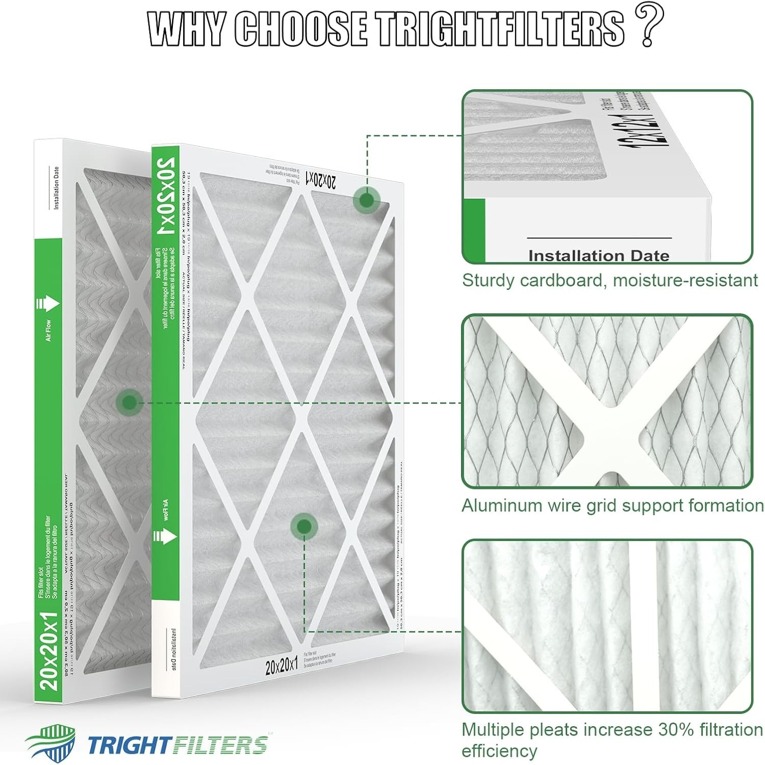 TRIGHTFILTERS 20x20x1 Air Filter 2 Pack, Durable MERV 8 Pleated Home HVAC AC Fur