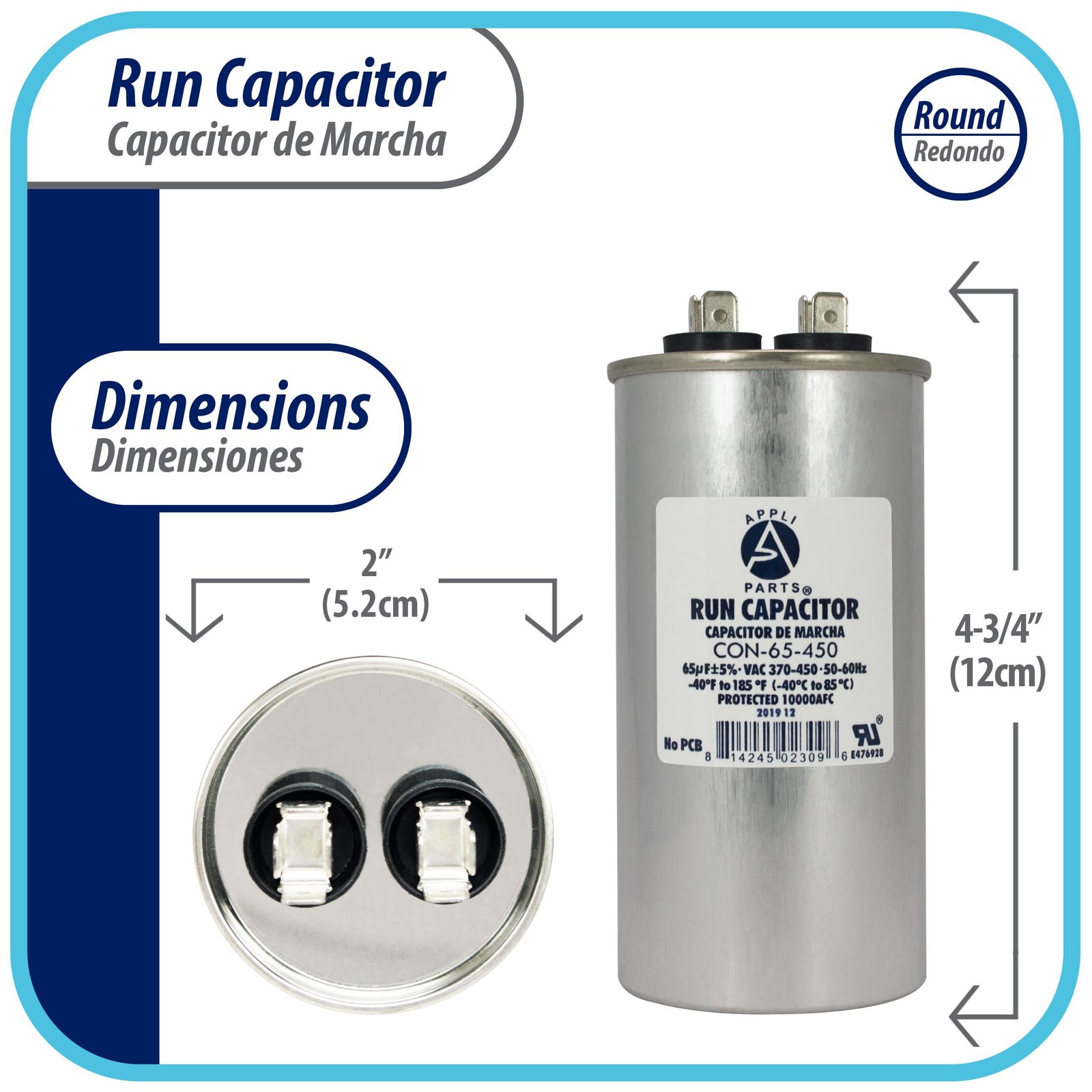 Appli Parts Run Capacitor for ac 65 Mfd uF (microfarads) 370 VAC or 450 VAC CBB6