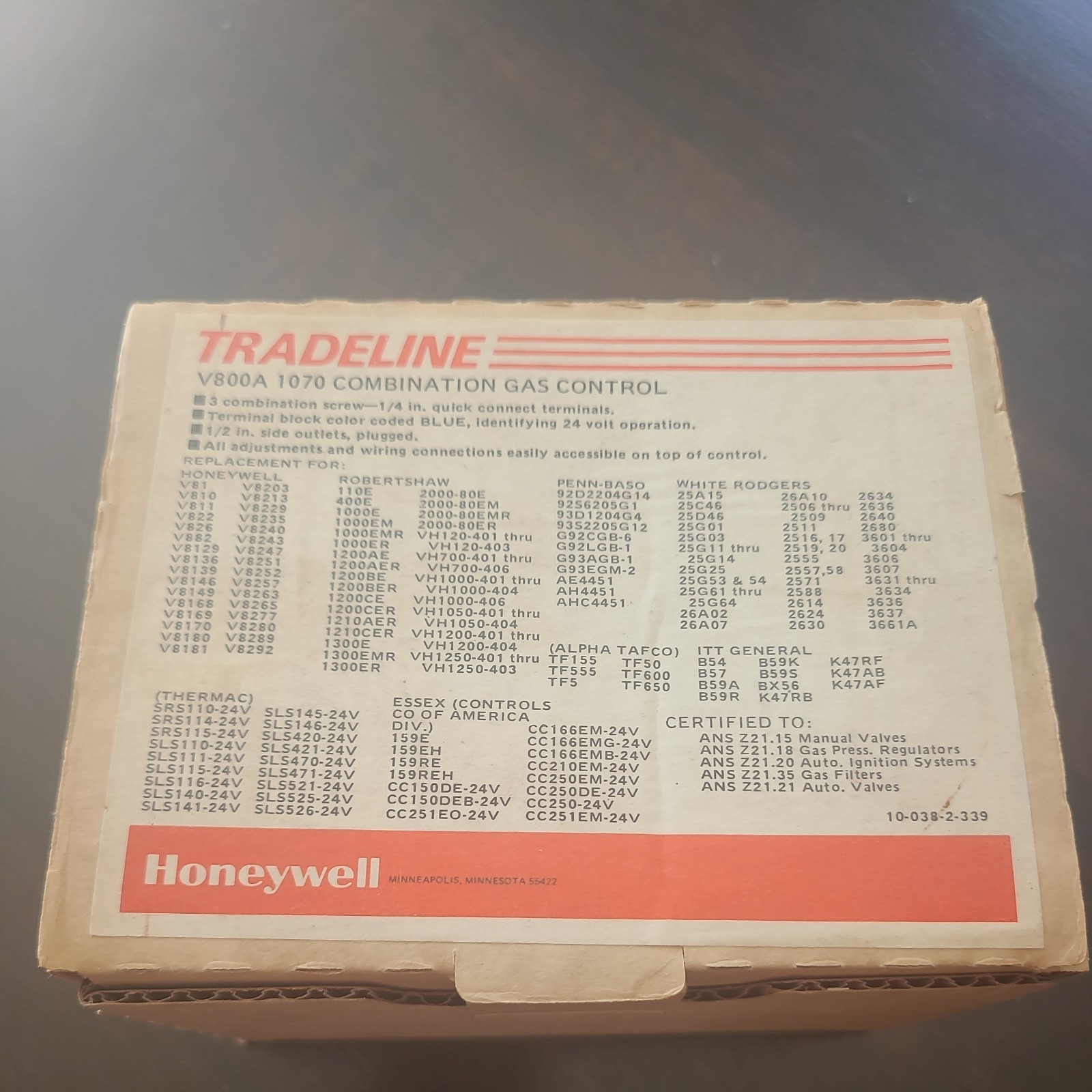 Honeywell V800A 1070 Standard Pilot Combination Gas Valve Control