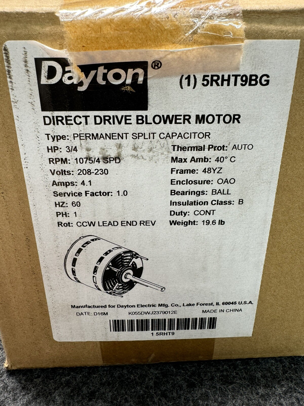 Dayton Direct Drive Blower 4 Speed Motor 208-230V 1/5 hp, 3/4 hp 5RHT9 5RHT9BG