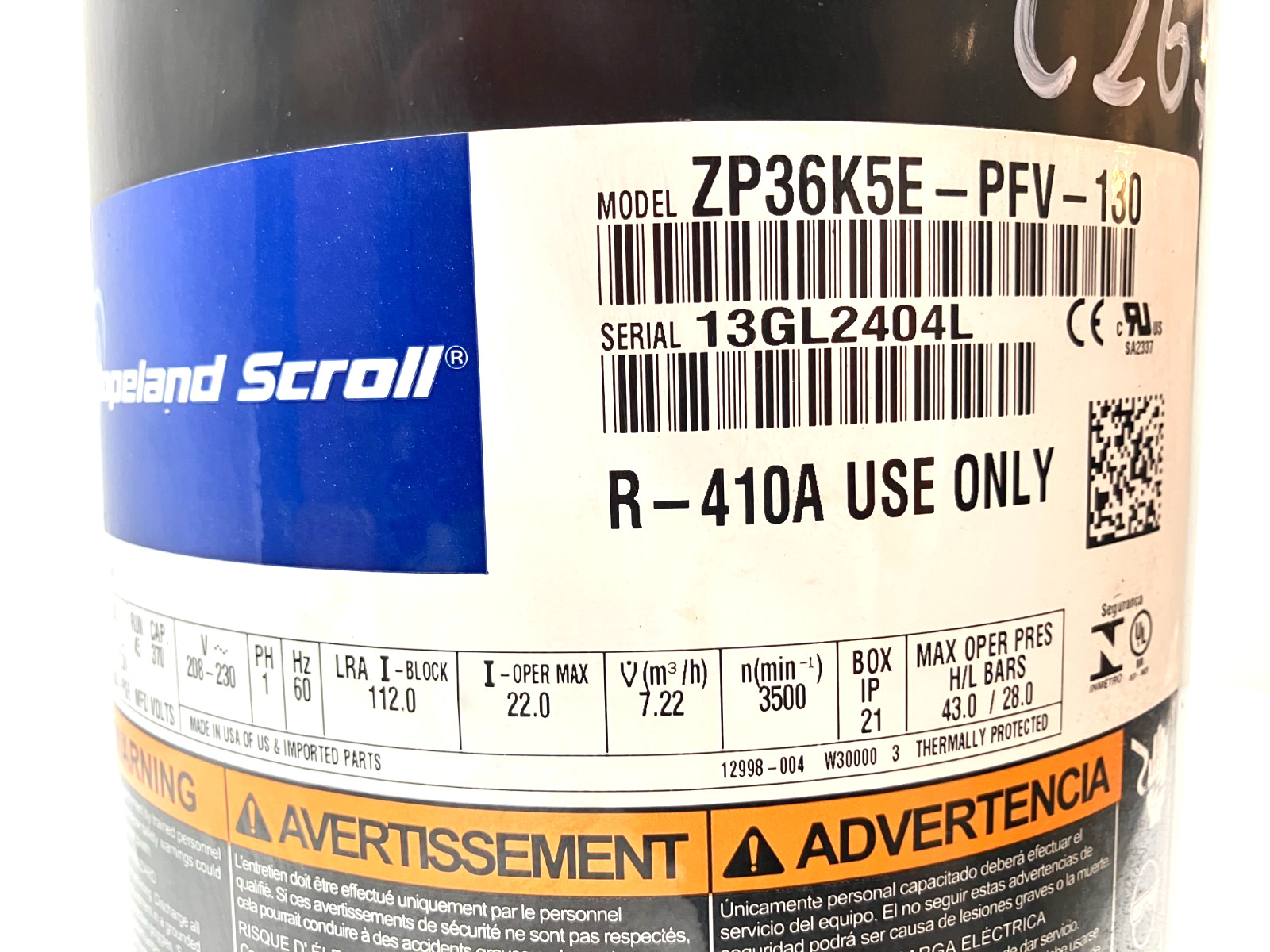 COPELAND Scroll ZP36K5E-PFV-130 36,000 BTU 230V 1PH 60HZ R-410A only! used #C267