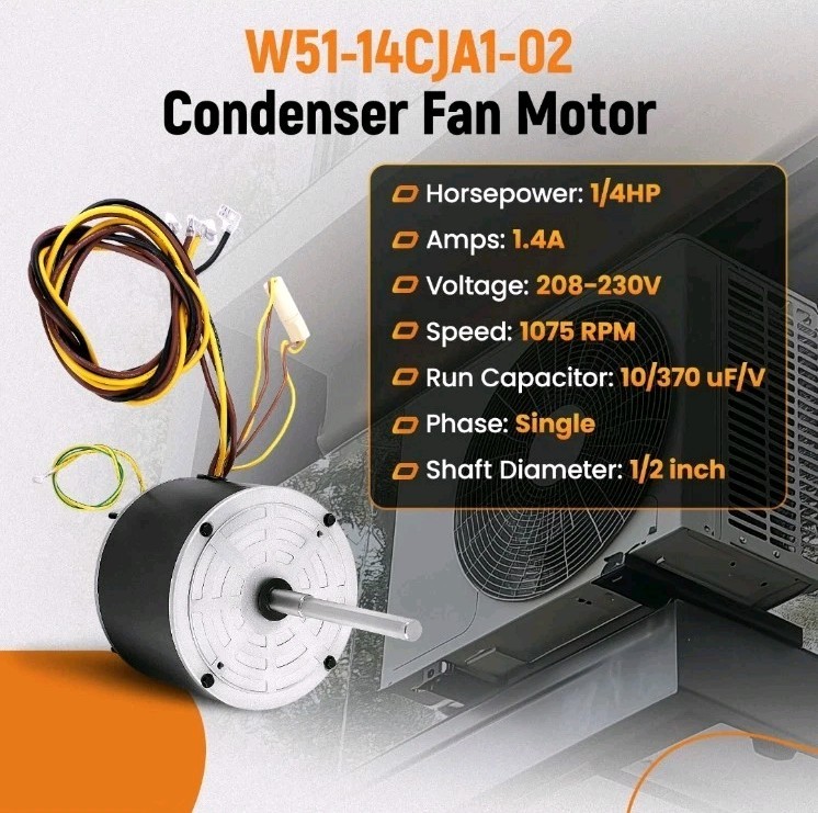 W51-14CJA1-02 Condenser Fan Motor 1/4 HP 208/230V 1075 RPM Replacement