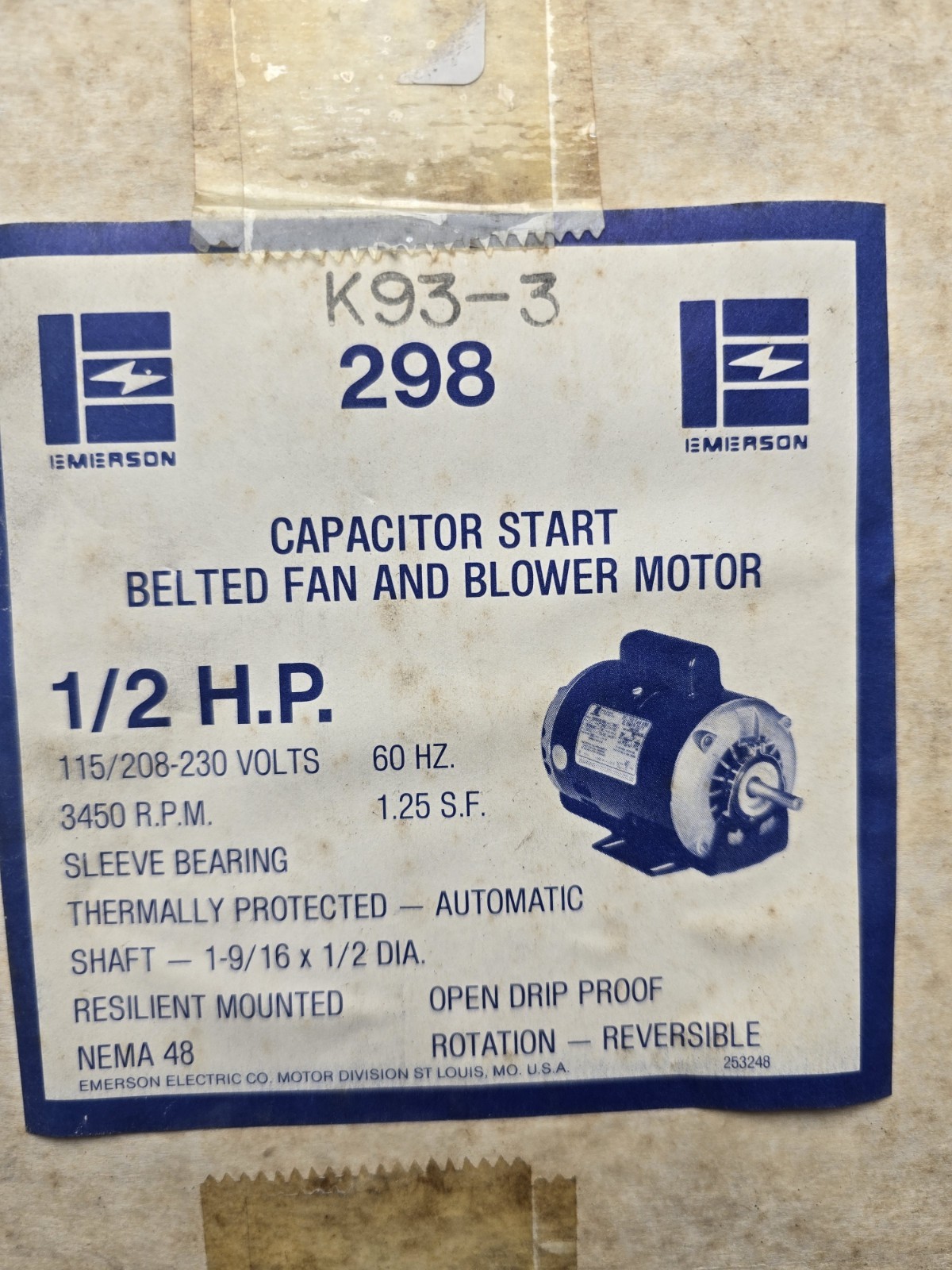 NEW Emerson USA 298 (K93-3) 1/2 HP Capacitor Start Belted Fan & Blower Motor