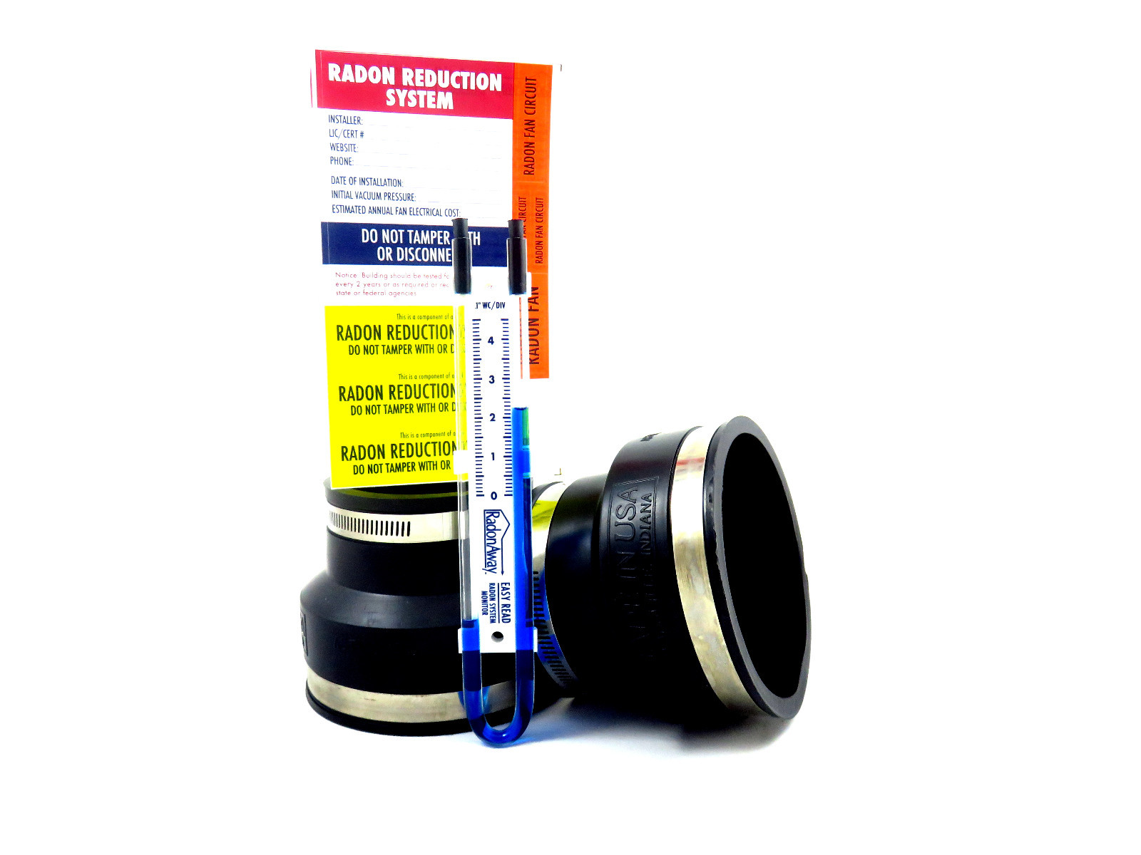 Radon Fan Install Kit for 4″ fan to 3″ PVC or 3″ fan to 4″PVC Black