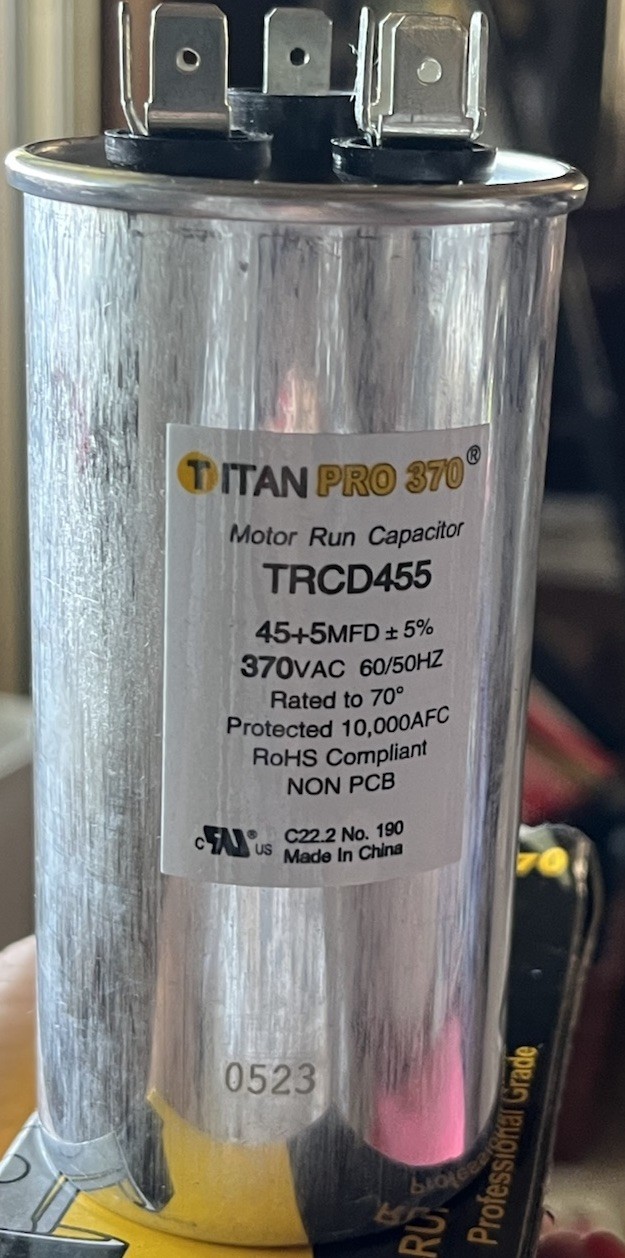 Titan Pro TRCD455 HVAC Round Dual Run Capacitor. 45+5 370 VAC A/C PACKARD