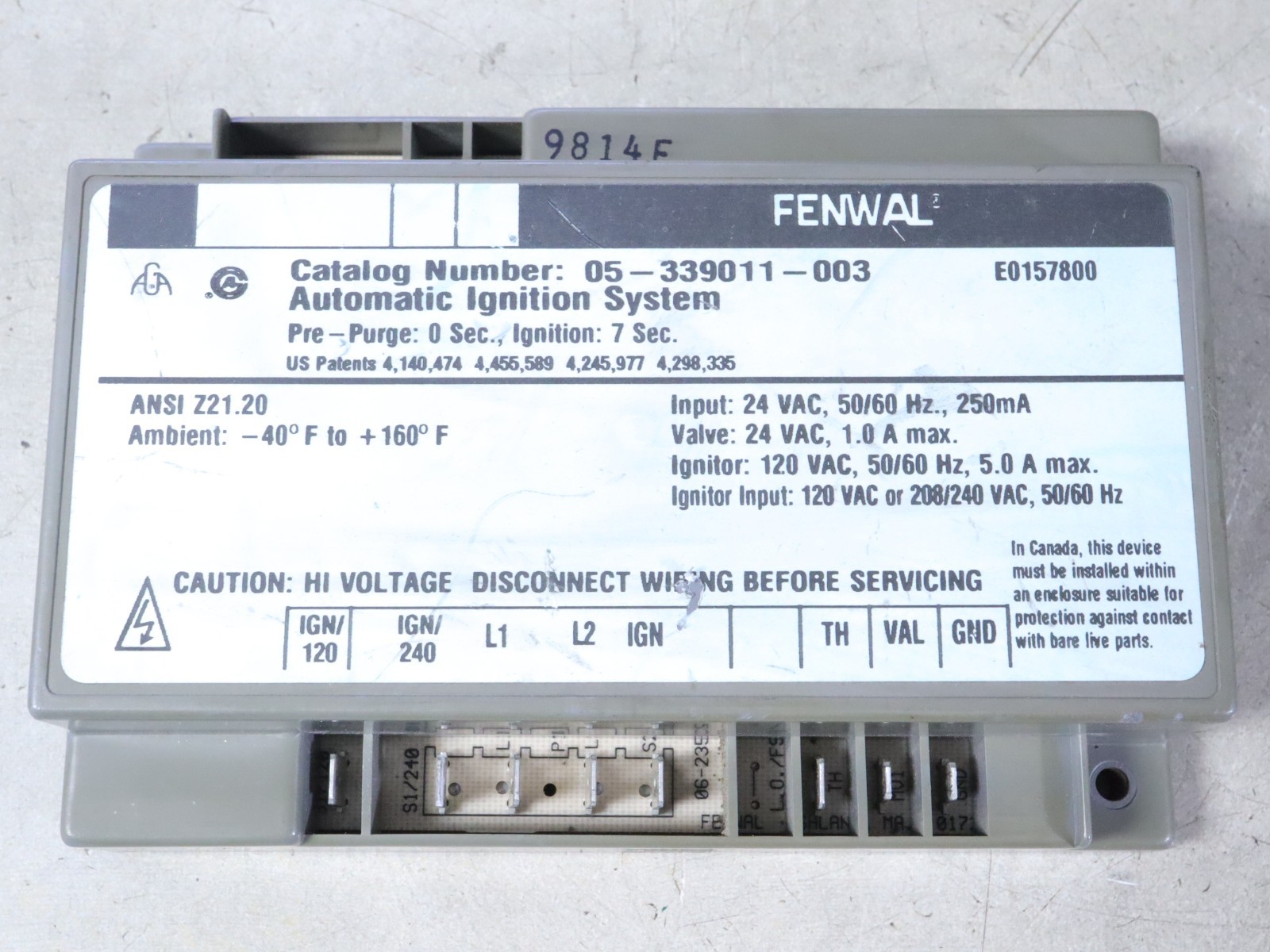 FENWAL 05-339011-003 Automatic Ignition Control Module E0157800