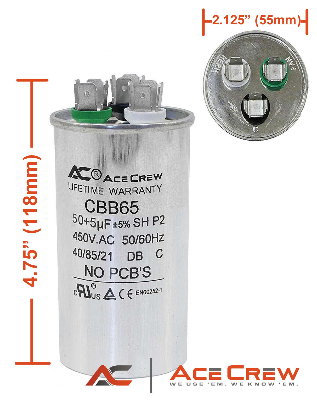Lot of 5 Dual Run Capacitor 50/5 MFD 450VAC for HVAC system – AceCrew CBB65 –