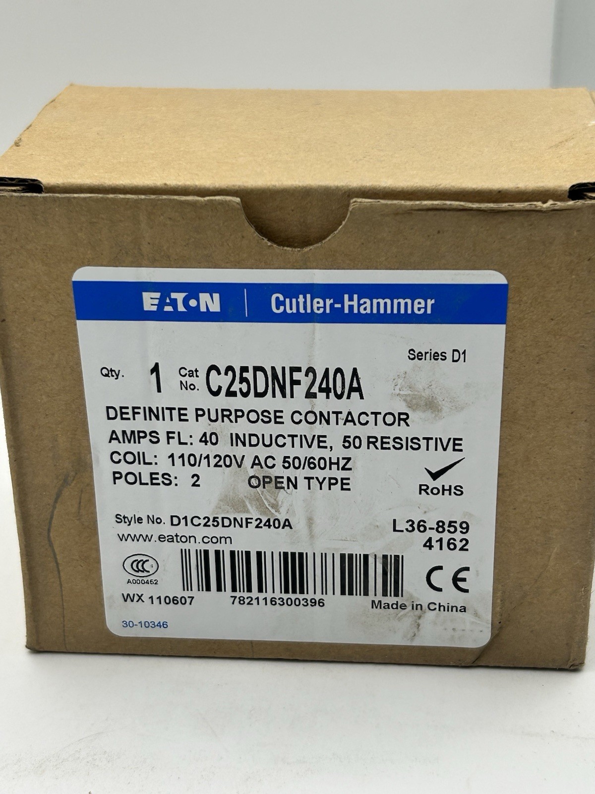 C25DNF240A Eaton / Cutler Hammer Contactor – 40 Amp 2 Pole 110/120V Coil