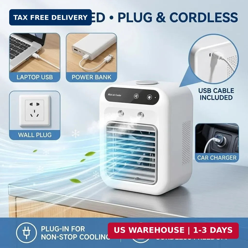 Portable Air Conditioner, Rechargeable Mini Air Cooler with Dual Mist Spray, 2 S