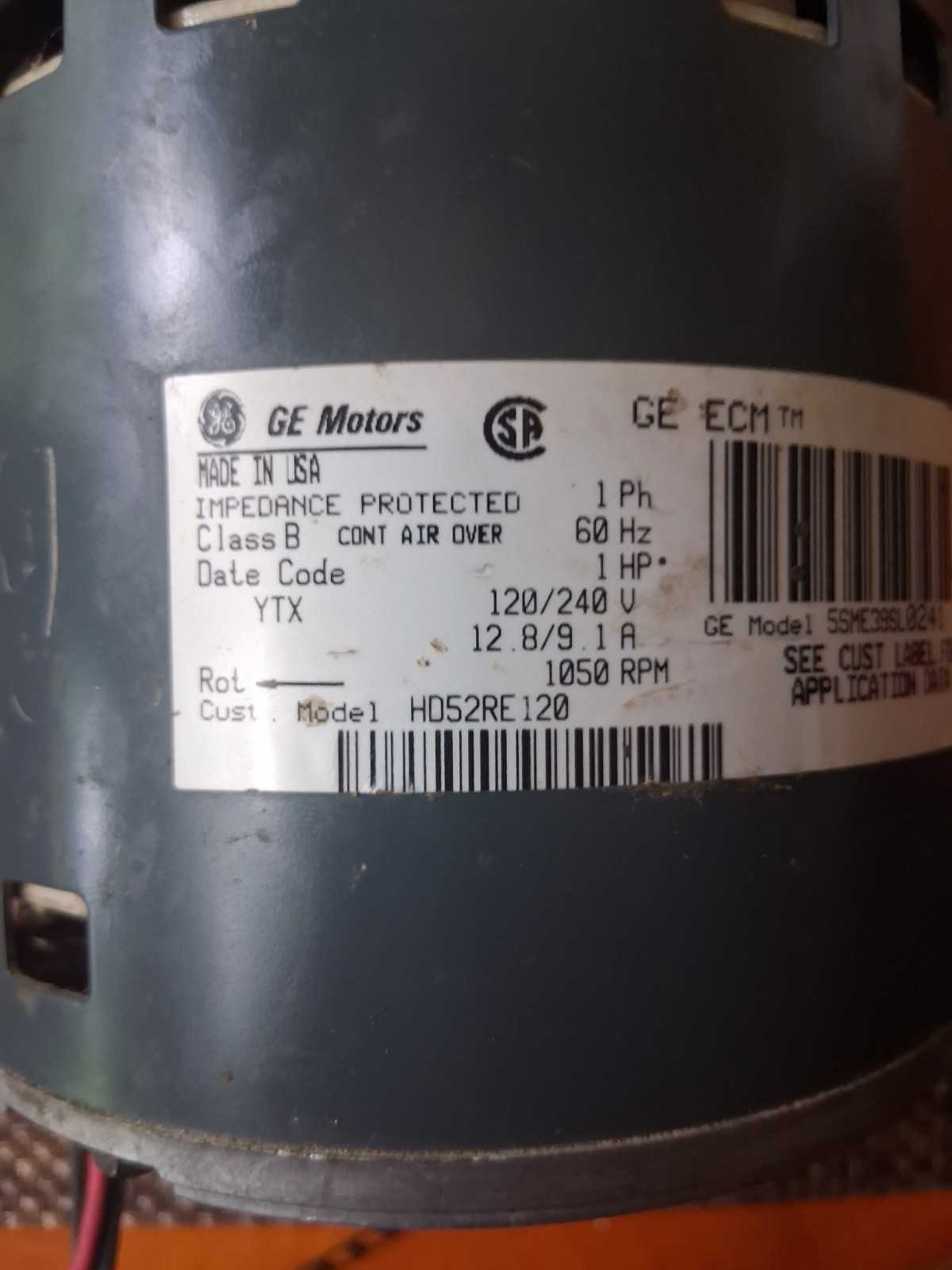 GE Genteq 1 HP ECM Blower Motor 5SME39SL0241 | 3-Wire Plug Motor Only