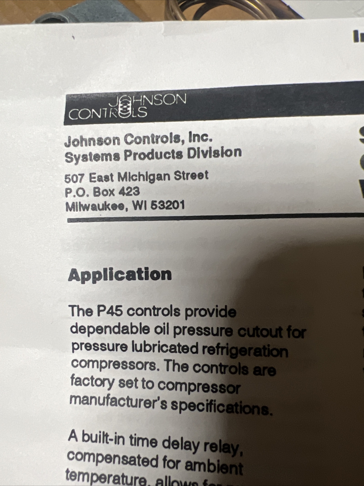 Johnson Controls P45NCA-12 Lube Oil Protector. New In Box.