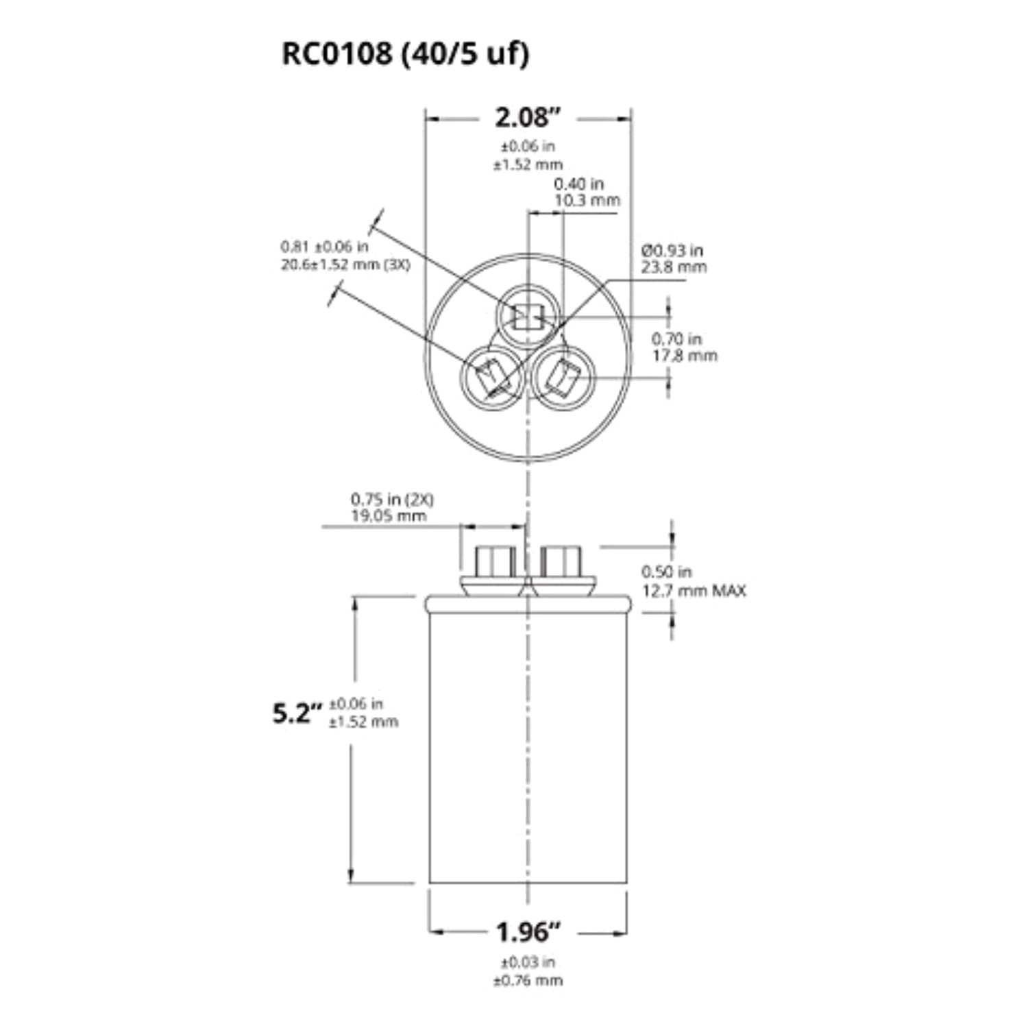 TEMCo 40/5 uF Dual Run Capacitor 370-440V 50/60Hz
