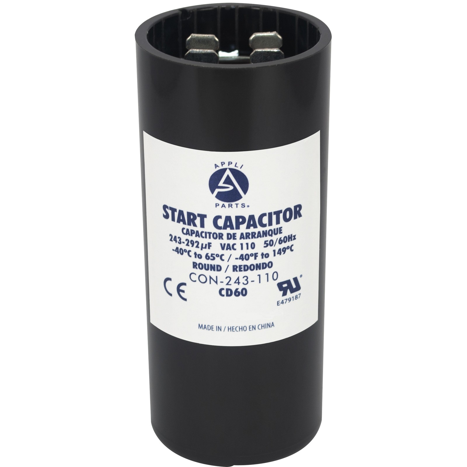 Appli Parts motor start capacitor 243-292 Mfd (microfarads) uF 110-125 VAC unive