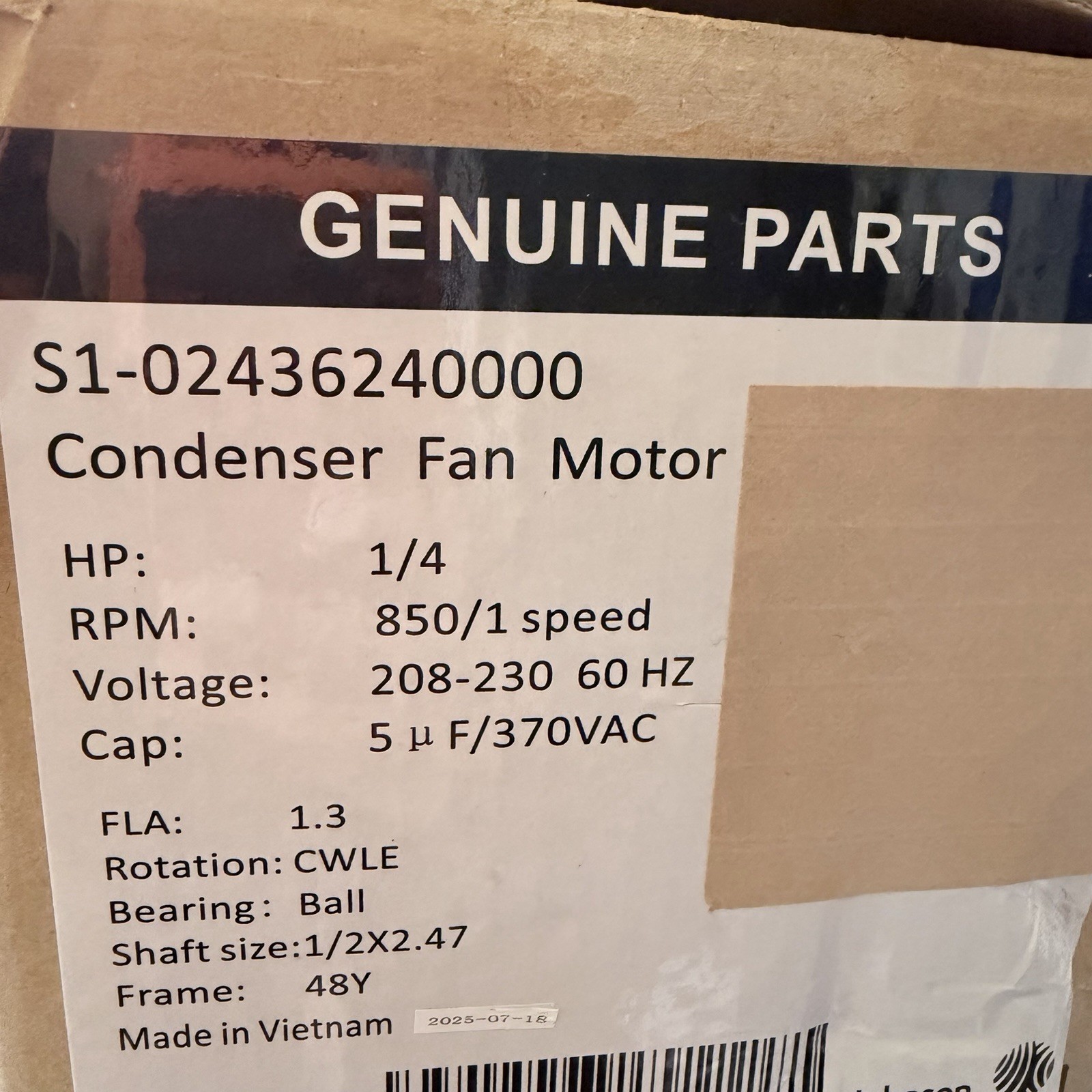 S1-02436240000 Condenser Fan Motor 1/4 HP, 850 RPM, 208-230V, CWLE, 48Y
