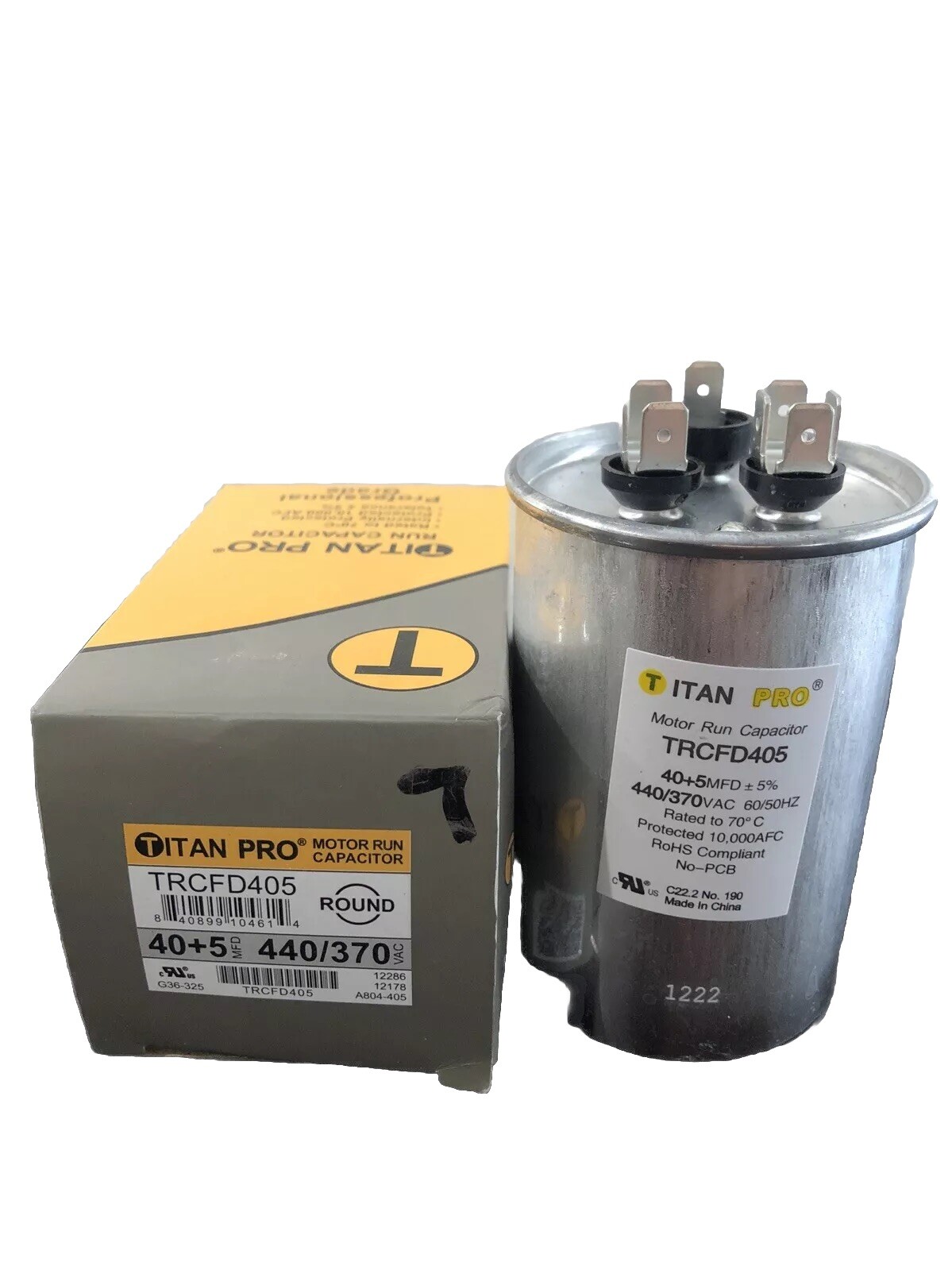 NEW! Titan Pro Dual Rated Motor Run Capacitor Round MFD 40/5 440/370VAC TRCFD405
