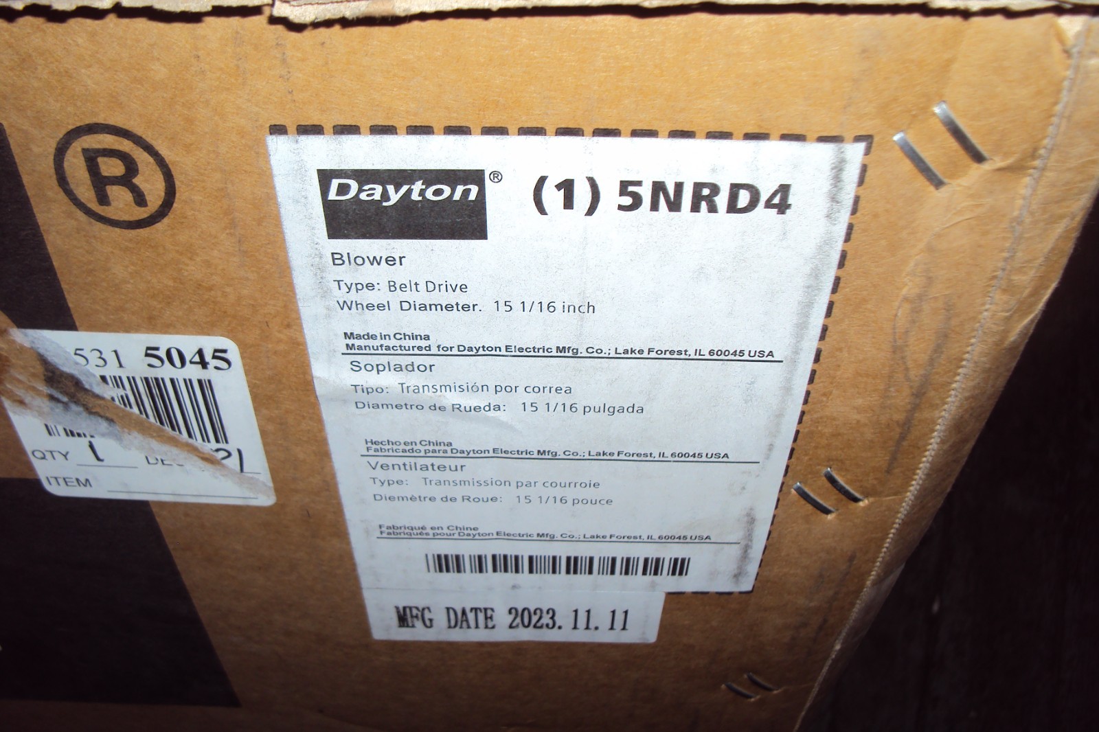 DAYTON 5NRD4 BLOWER BELT DRIVE ,15″ WHEEL DRIVE , STEEL ,NO MOTOR INCLUDED