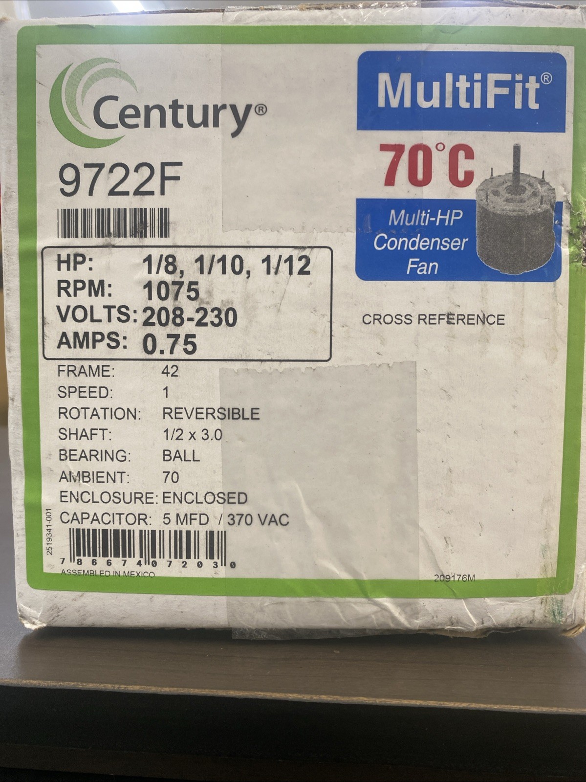 Century 9722 1/12 To 1/8Hp Condenser Fan Motor, 1075 Rpm