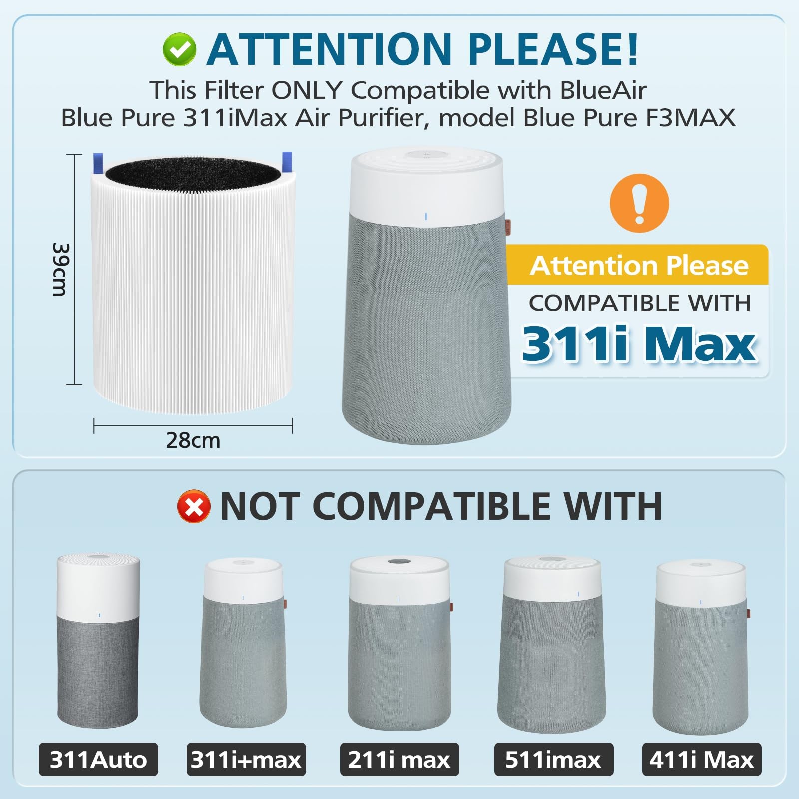 2 Pack 311i Max Replacement Filter, Compatible with Blue Pure 2 Pack, White