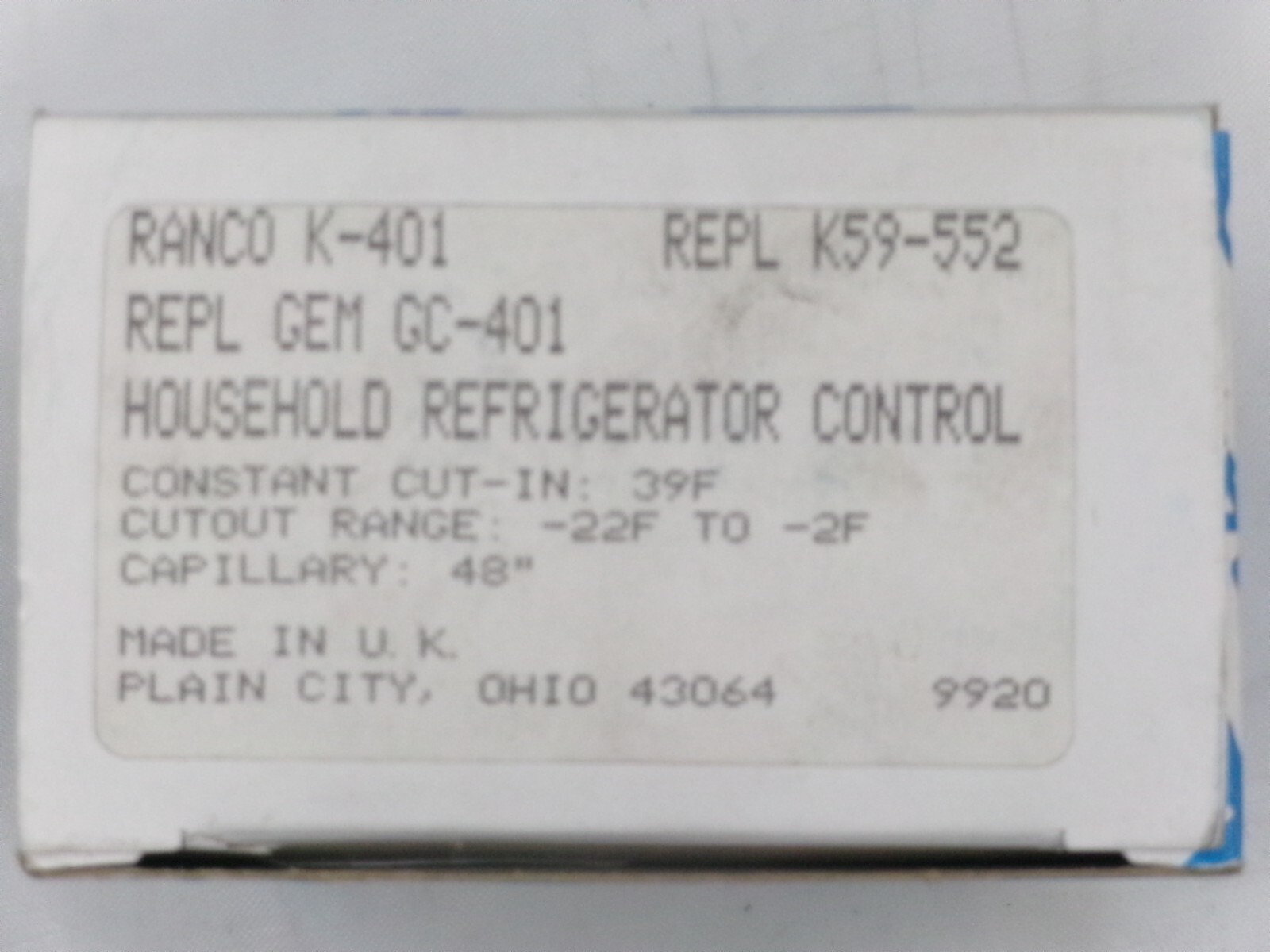 K-401-ROBE ROBERTSHAW CONTROL COLD REFG -22 TO -2F 48IN CAP
