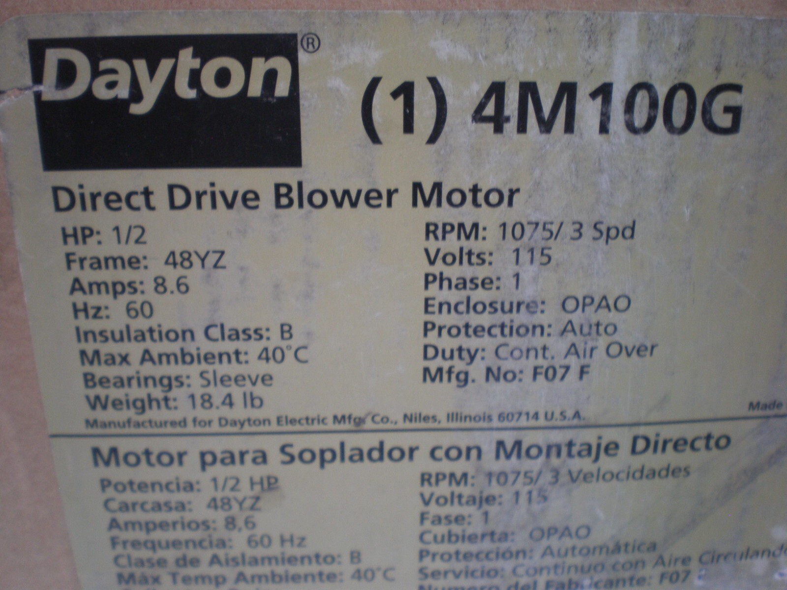 DAYTON 4M100G D/D Blower Motor 3 Speed, Open Air-Over, Ring/Stud Mount, 1/2 HP