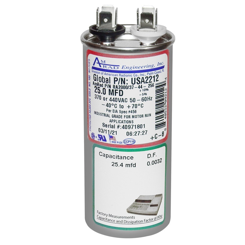 25 MFD x 370 / 440 VAC Round Run Capacitor AmRad USA2212 – Made in the USA