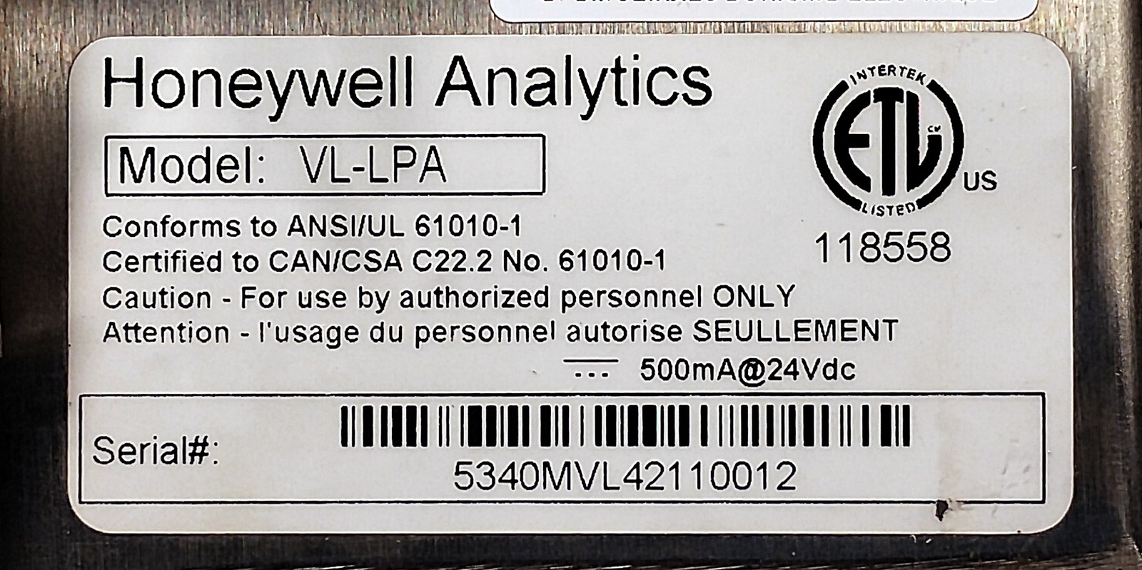 Honeywell VL-LPA 24 V DC Gas Sensor in Stainless Steel Enclosure
