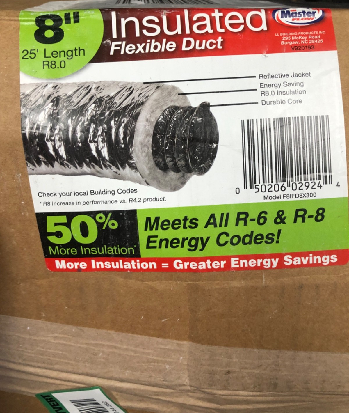 Master Flow F8IFD8X300 8 in x 25 ft R8 Insulated Flex Duct Silver Jacket New