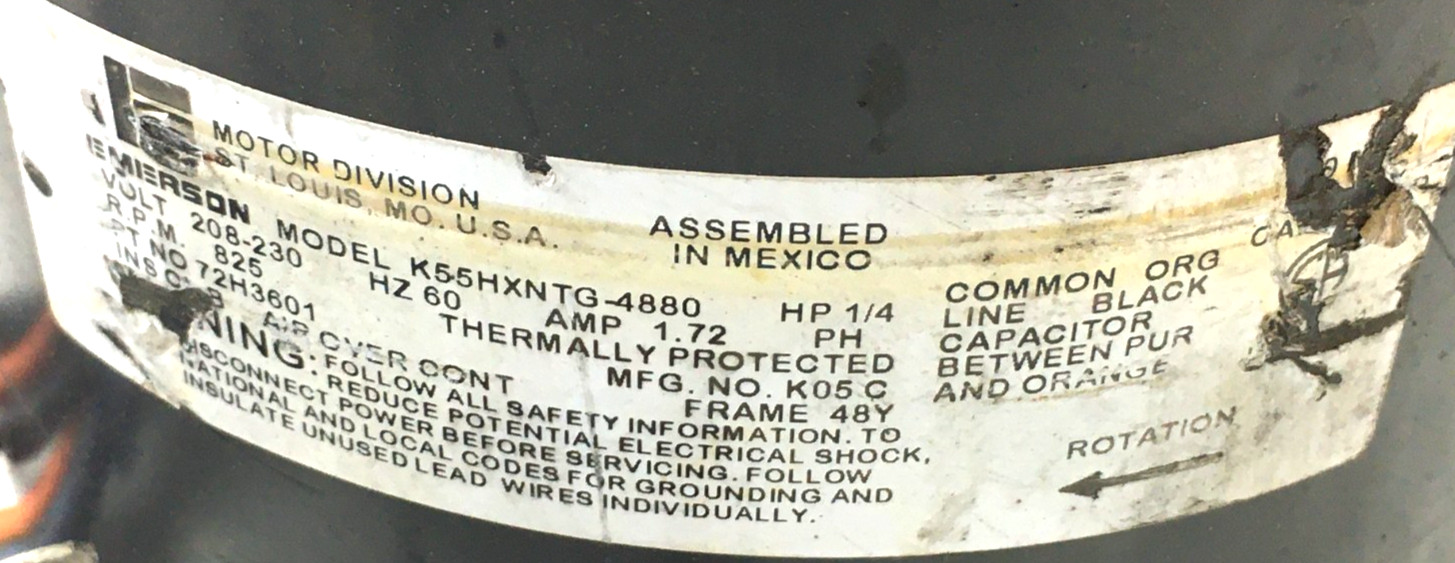 Emerson K55HXNTG-4880 Condenser Motor 72H3601 1/4HP 825 RPM 230V used #ME711B