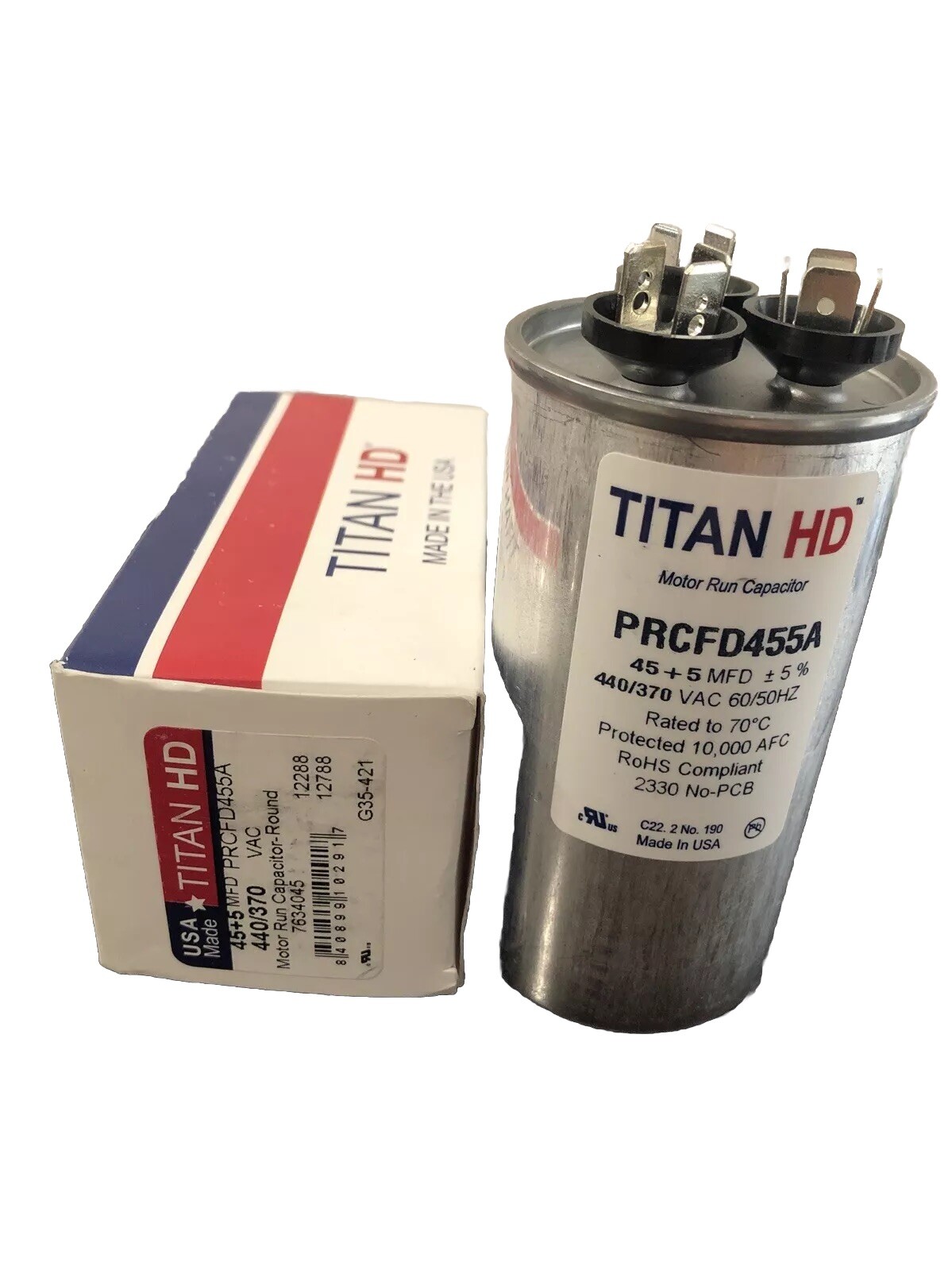 Titan HD PRCFD455A American-Made HVAC Round Motor Run Dual Capacitor 45/5 MFD/UF