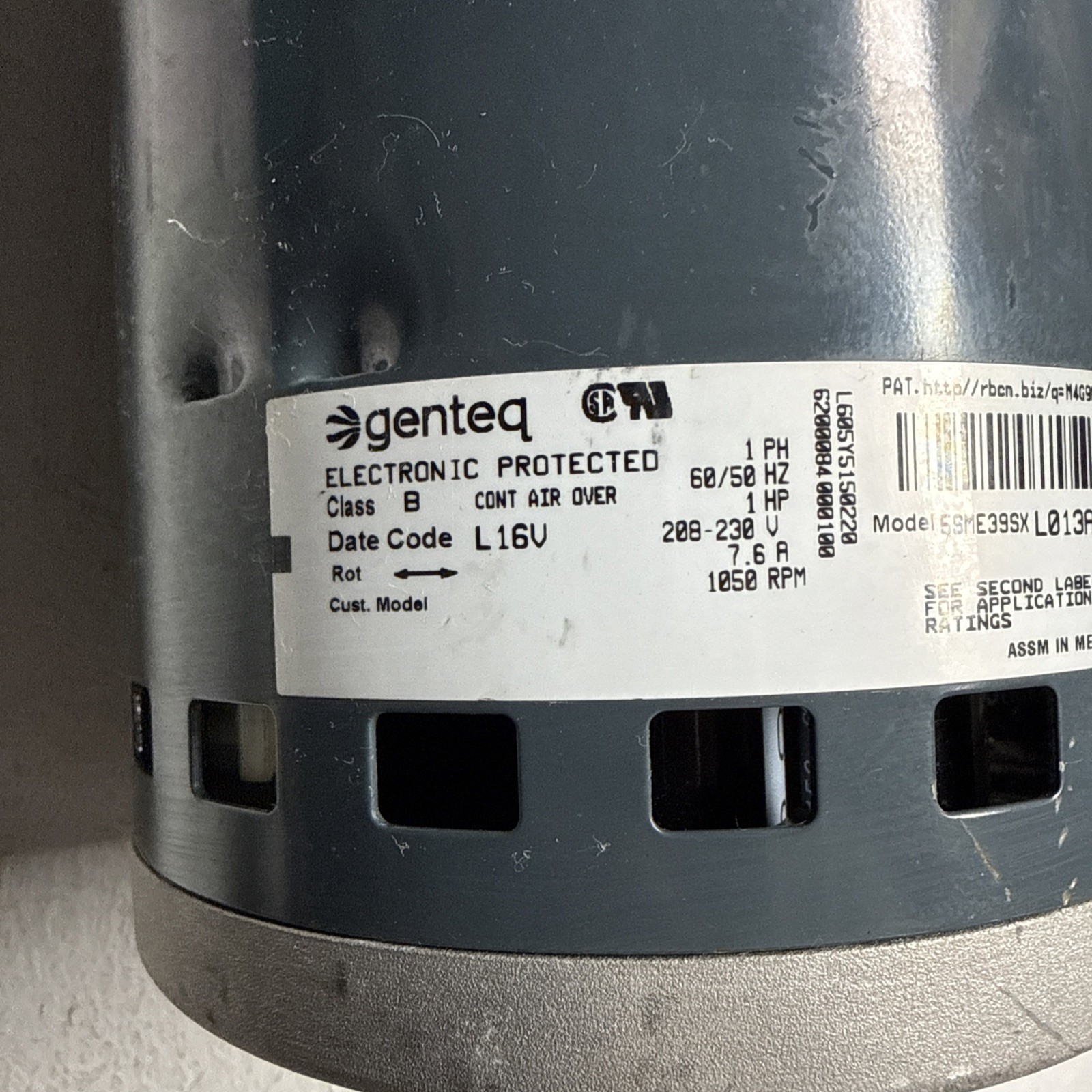 Genteq 5SME39SXL013A Blower Motor 1HP 208-230V 1Phase 7.6Amp 1050 RPM
