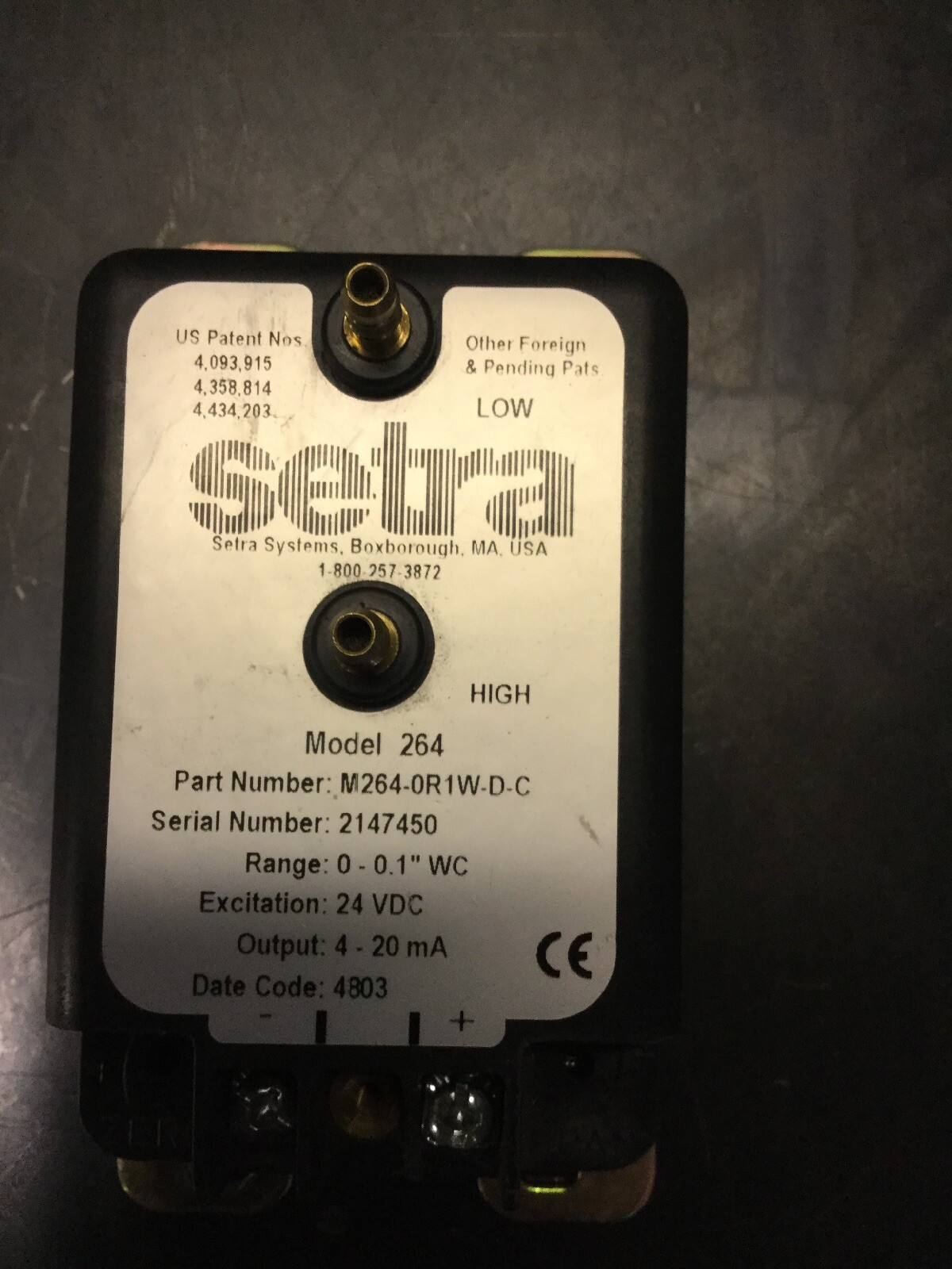 NEW, SETRA, M264-0R1W-D-C, LOW DIFFERENTIAL PRESSURE TRANSDUCER, 24 VDC. (20C-1)