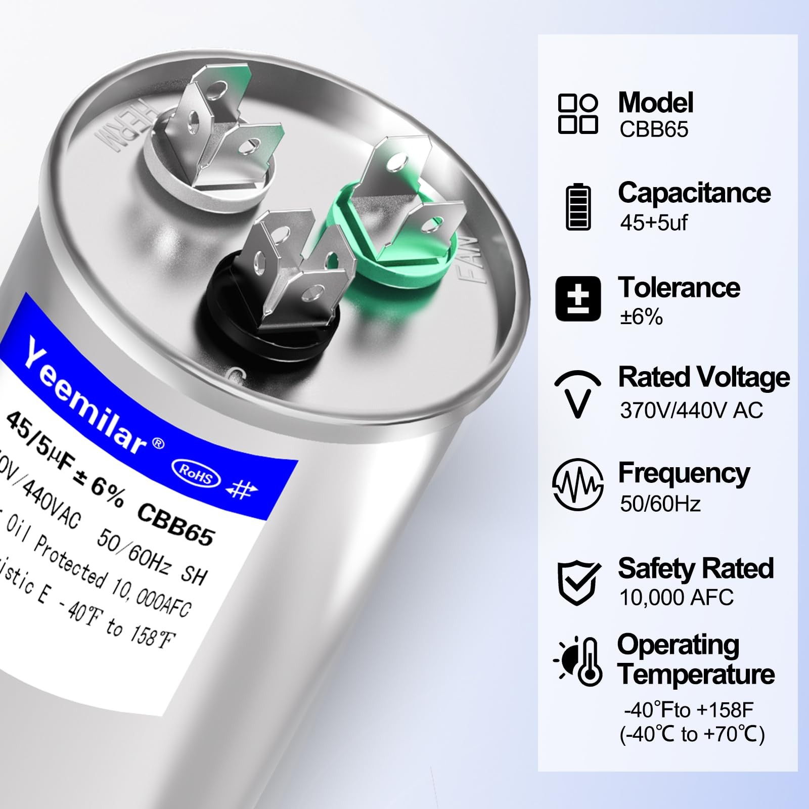 45+5 uF 45/5 MFD ±6% 370V/440V CBB65 AC Capacitor, Dual Run Round Capacitor…