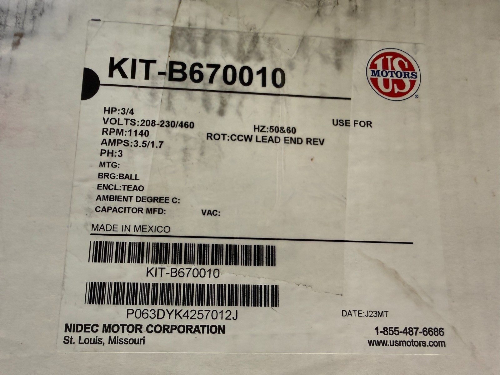 LIEBERT KIT-B670010 Polyphase Air Over Motor 208-230/460V AC, 3/4 hp, 3 Phase