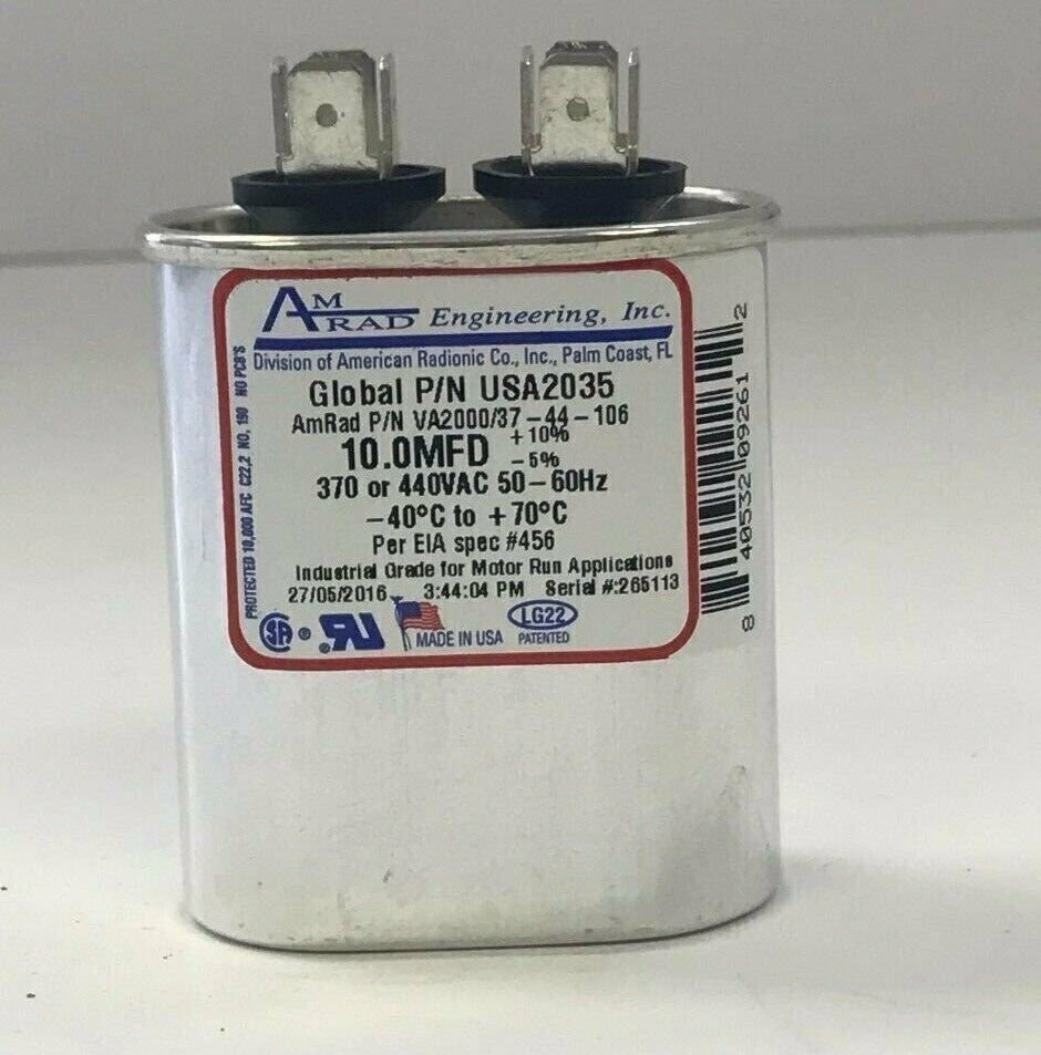 AmRad USA2035 Run Capacitor 10.0 uf MFD 370 / 440 Volt Made in USA