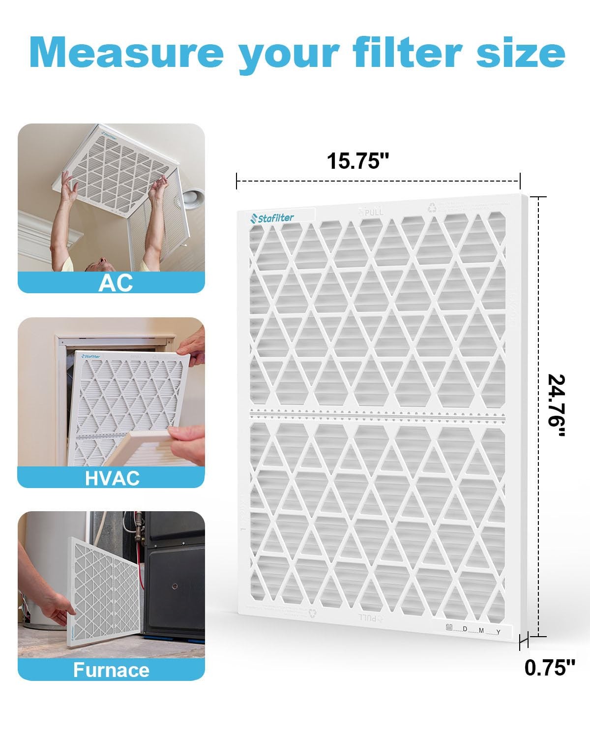 Stafilter 16x25x1 Air Filter MERV 8, 1 Foldable Frame + 6 16x25x1, White