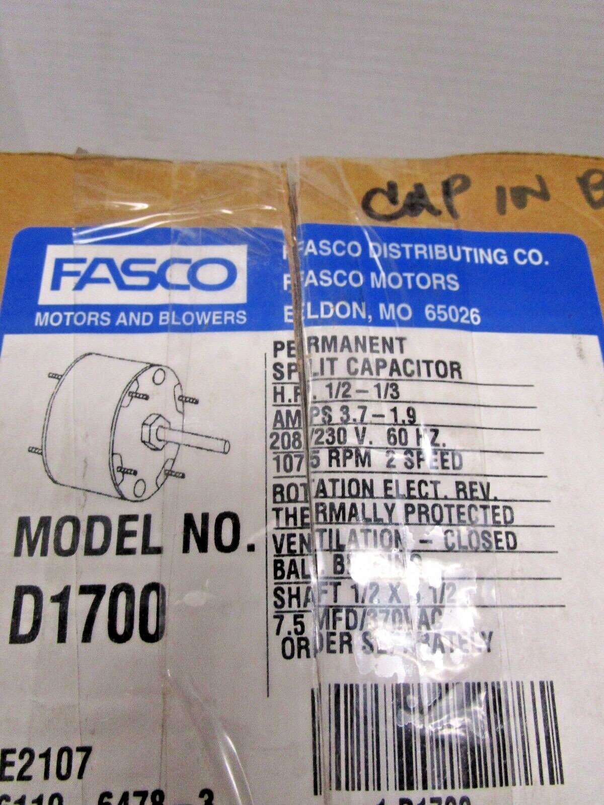 Fasco D1700 Motor 1/2-1/3 HP 208/230V 60Hz 1075 RPM 2 Speed