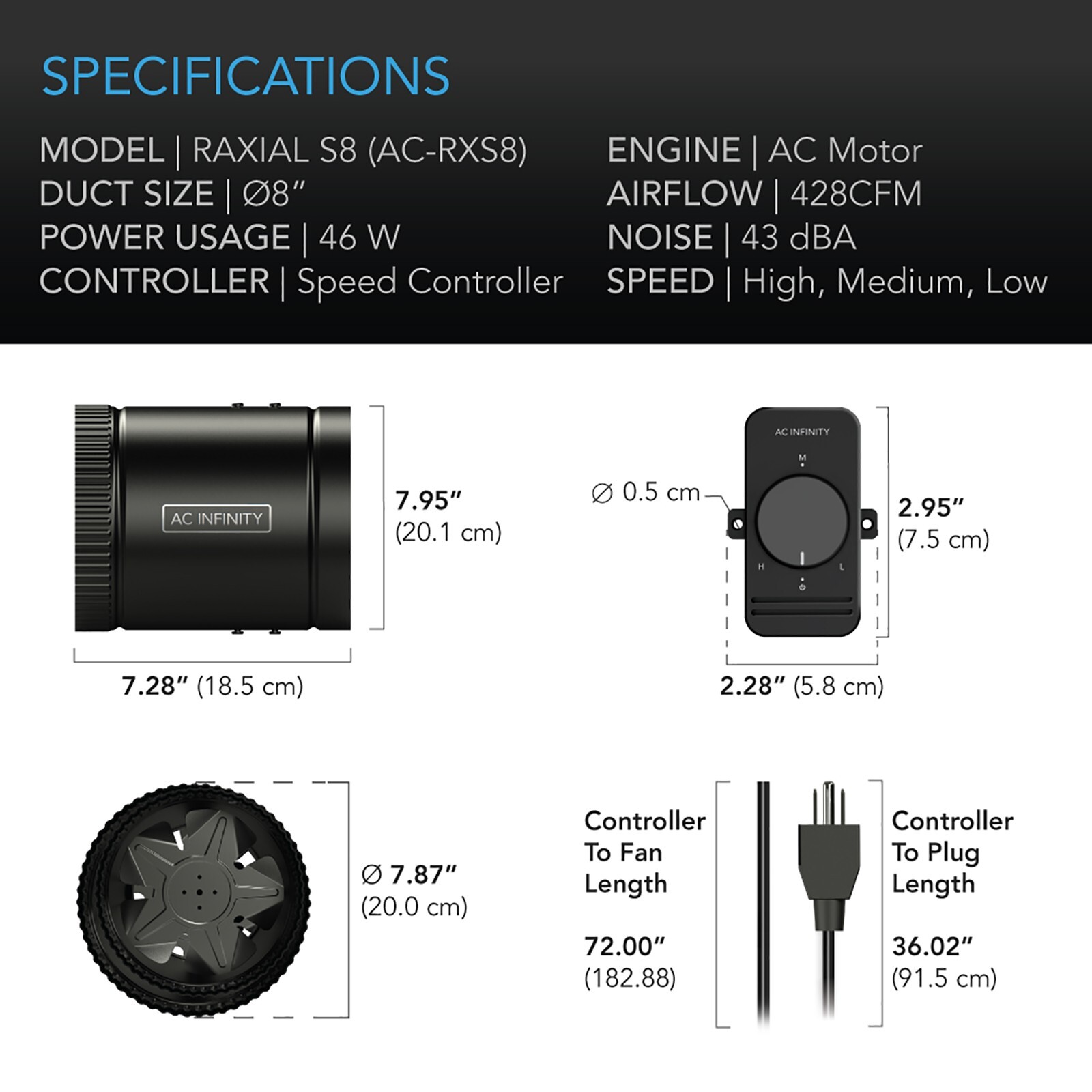 RAXIAL S8, Booster Fan Duct 8” with Speed Controller for Basements and Bathrooms