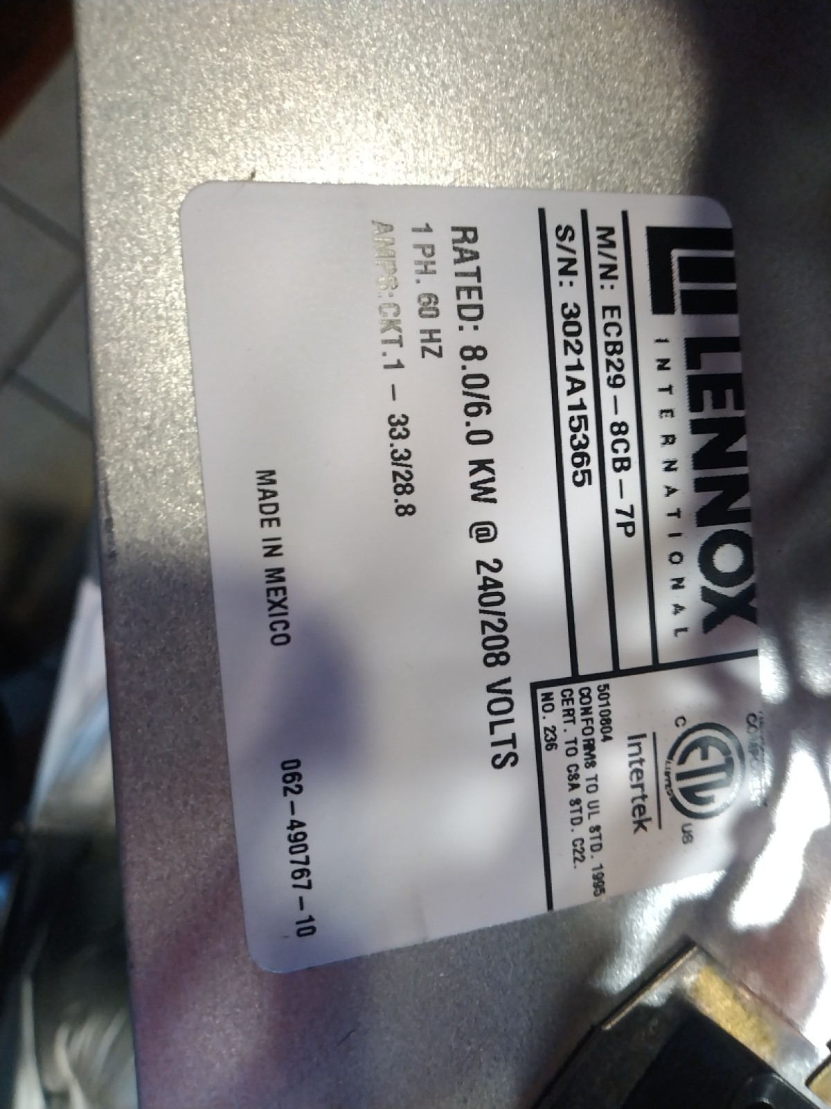 Electric Heat Strip Lennox ECB29-8CB-7P 8kw 240v New In Box See Pics Free Ship