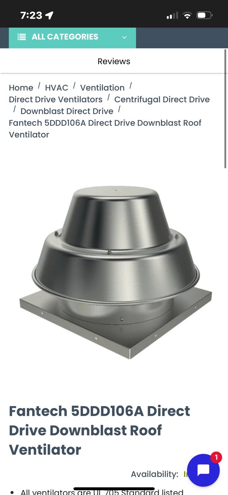 Fantech 5DDD106A Direct Drive Downblast Roof Ventalator