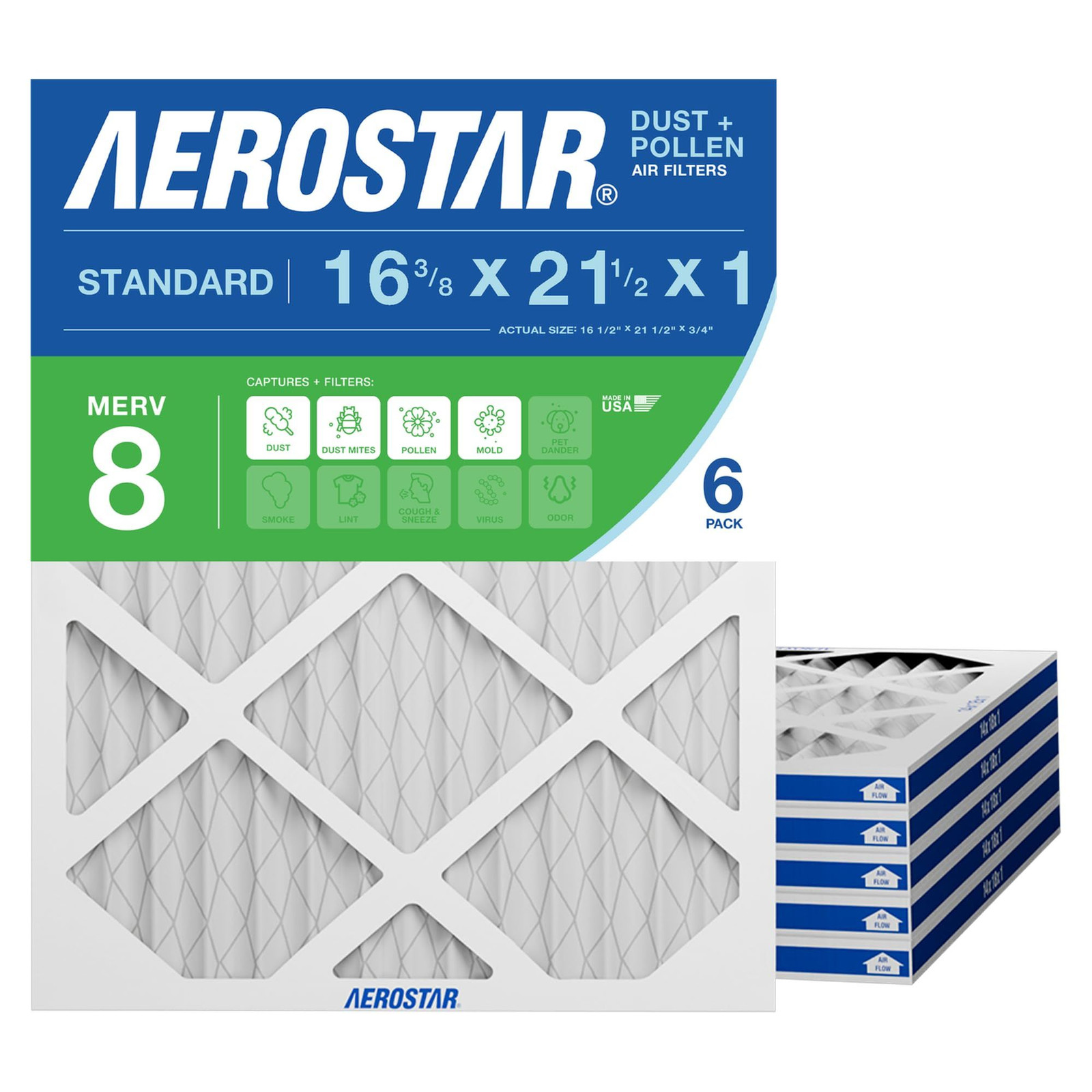 Aerostar 16.375×21.5×1 MERV 8 Air Filter, 6 Count, ACTUAL SIZE 6 PACK, MERV8