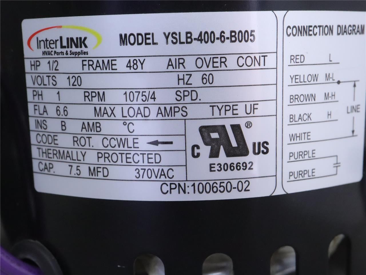 InterLink YSLB-400-6-B005 Blower Motor 1/2HP 1075RPM 4SPD 120V 100650-02 CCWLE