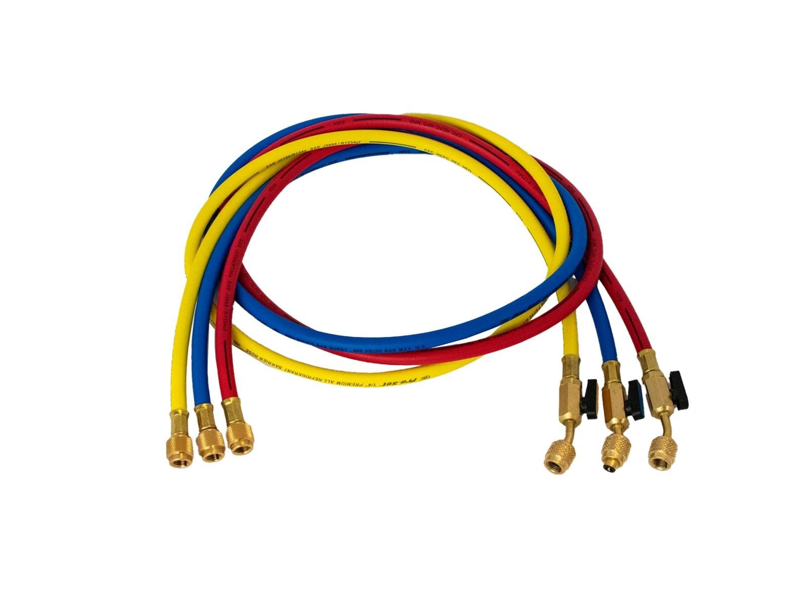 HP5ELH 5′ (3-Pk) Premium Hoses, Yellow 1/4 LHFM x 1/4 BV, Red & Blue 1/4FM x 1/4
