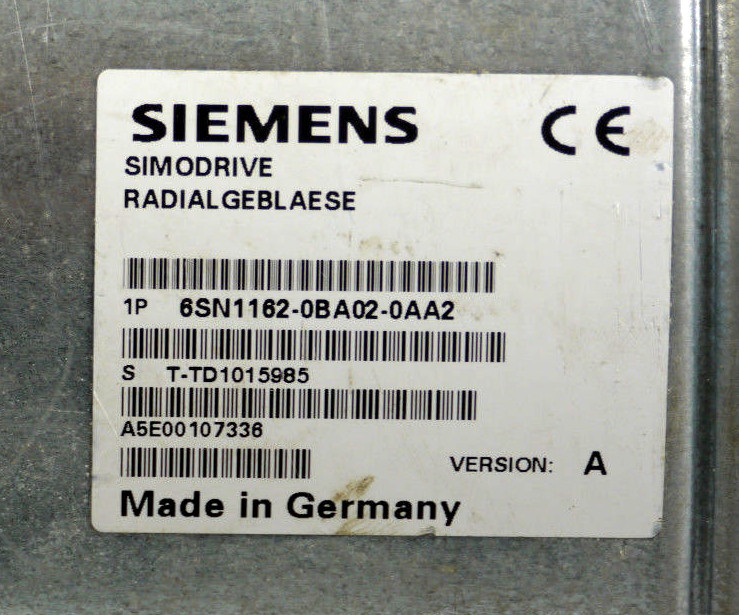 Siemens 1P 6SN1162-OBA02-0AA2 Centrifugal Blower |360-480V 60Hz,0.25A,165W,2600rpm