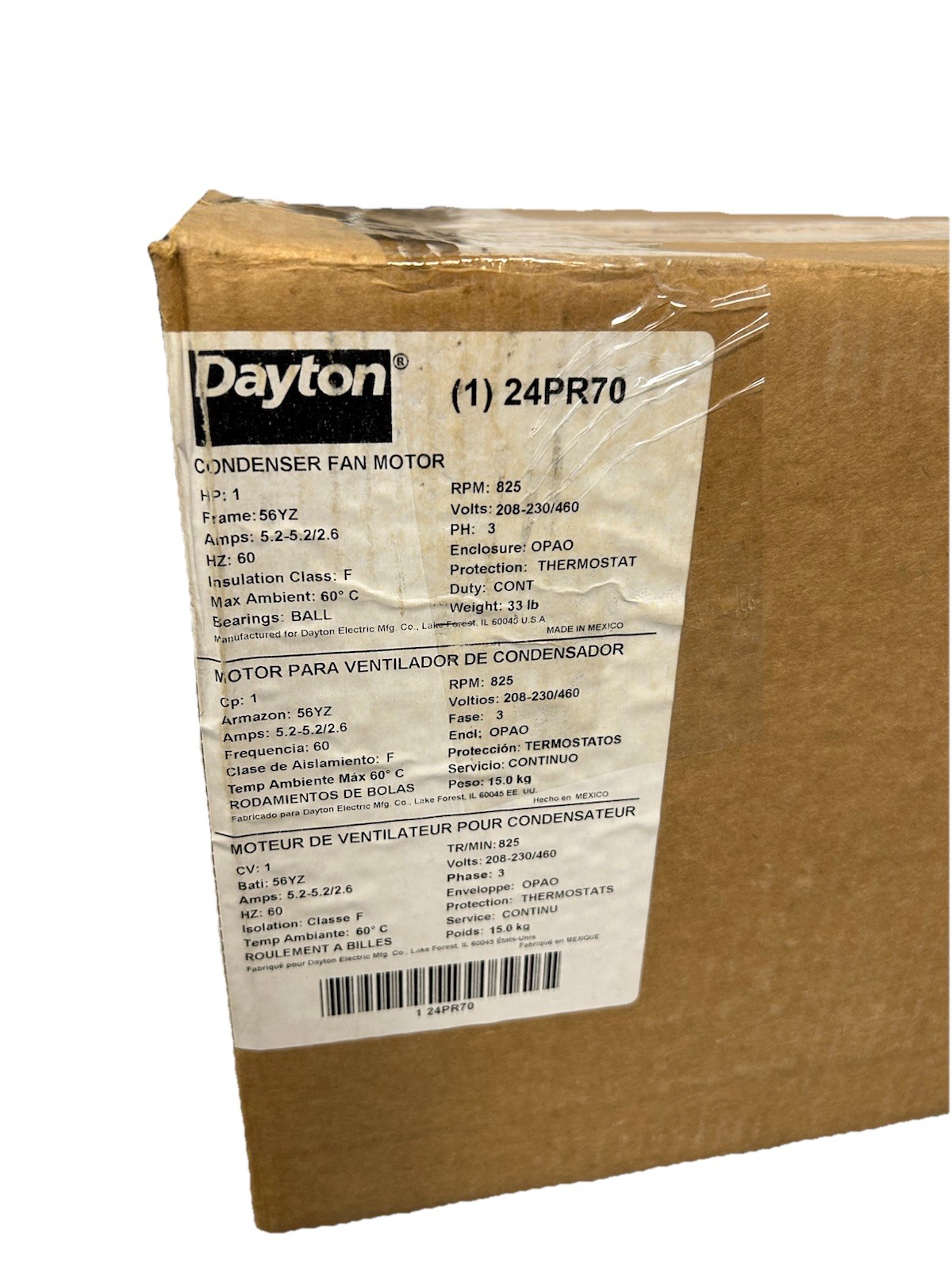 Dayton 24PR70 Condenser Fan Motor 1 HP 3-Phase 208-230/460V 825 RPM