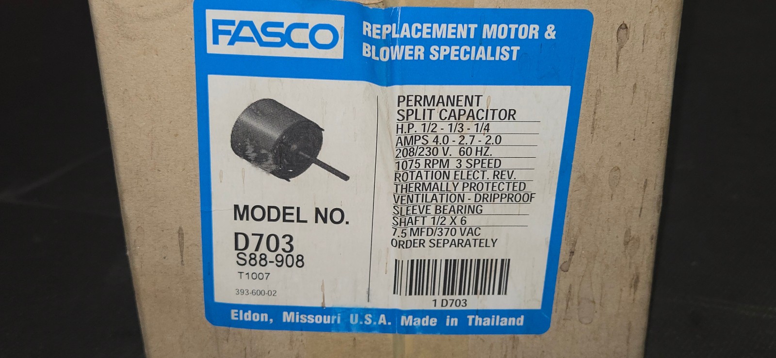 FASCO D703 MOTOR , 1/2-1/3-1/4 HP, 1075 RPM (3 Speed), 208-230V, 1PH, PSC Motor